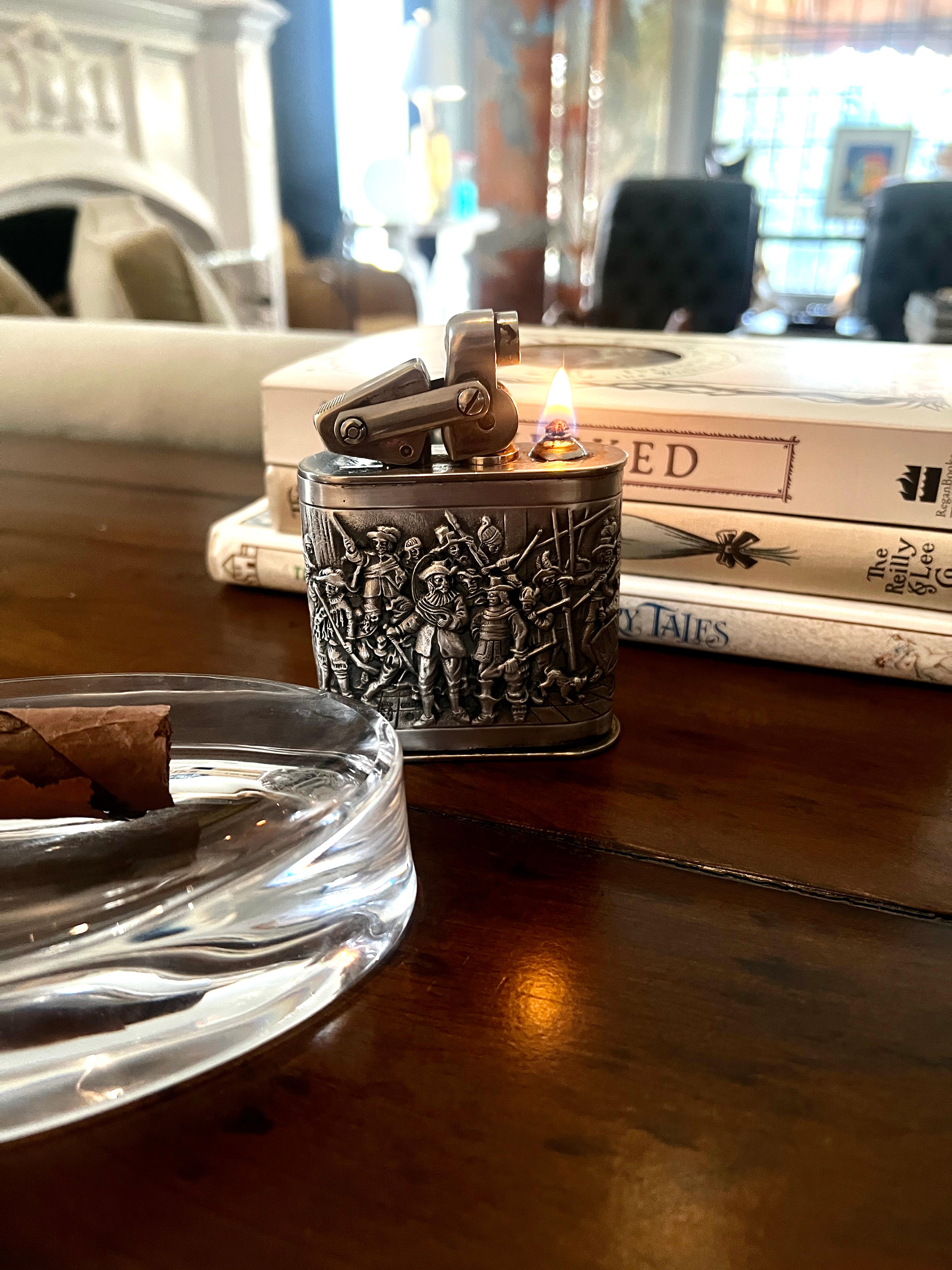 Karl Wieden German Silver Plated Repoussé Night Watch Cigar 420 Table Lighter For Sale 1
