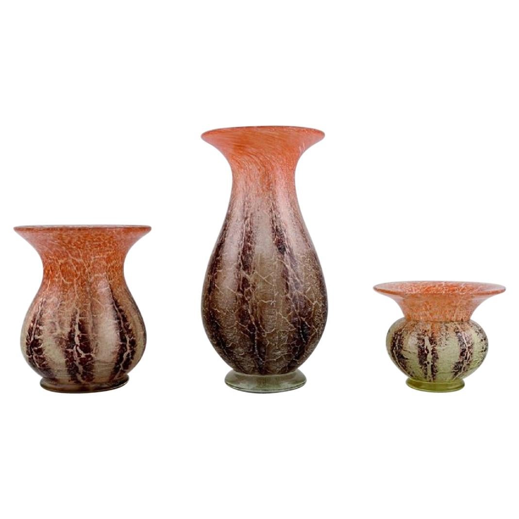 Karl Wiedmann for WMF, Three Ikora Vases in Mouth Blown Art Glass, 1930's For Sale