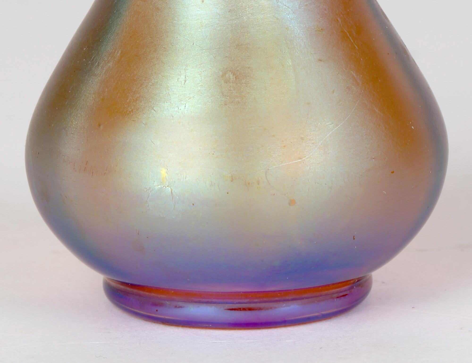 German Karl Wiedmann WMF Art Deco Myra Kristal Iridescent Miniature Art Glass Vase For Sale