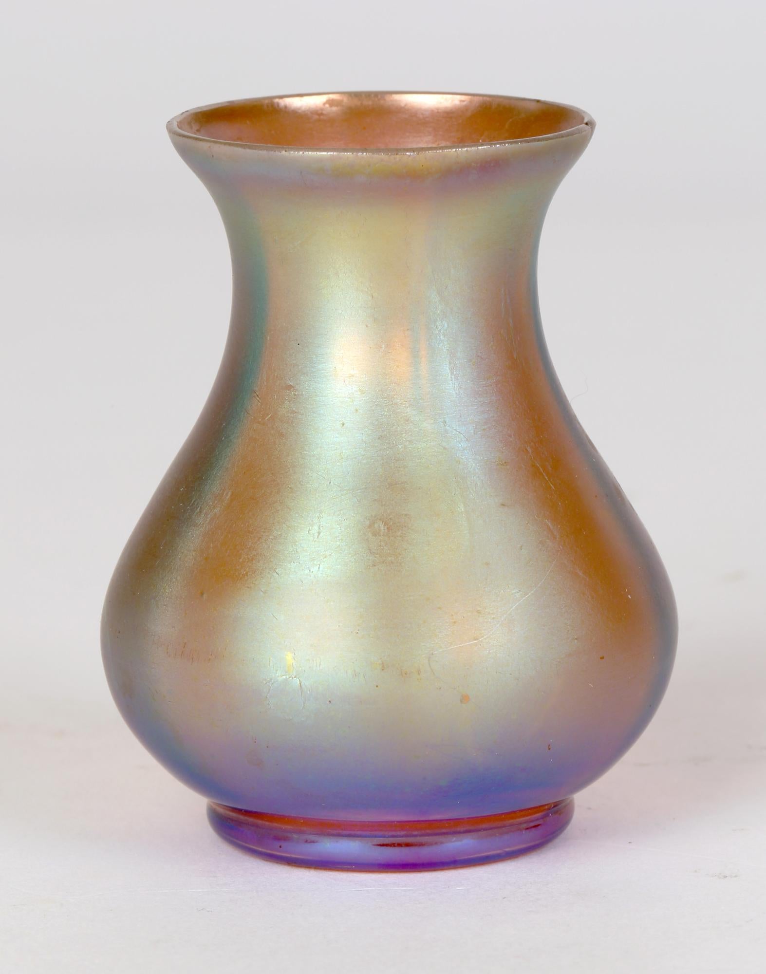 Hand-Crafted Karl Wiedmann WMF Art Deco Myra Kristal Iridescent Miniature Art Glass Vase For Sale