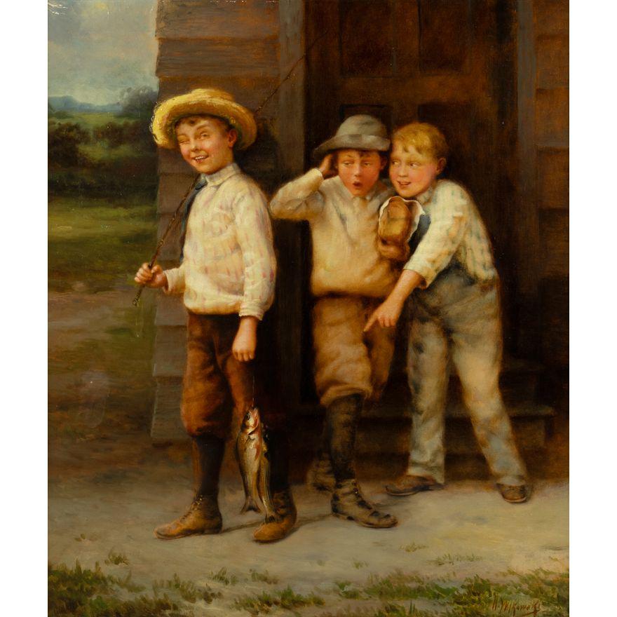 Three Little Rascals Oil on Canvas Painting, 19th Century Genre Scene