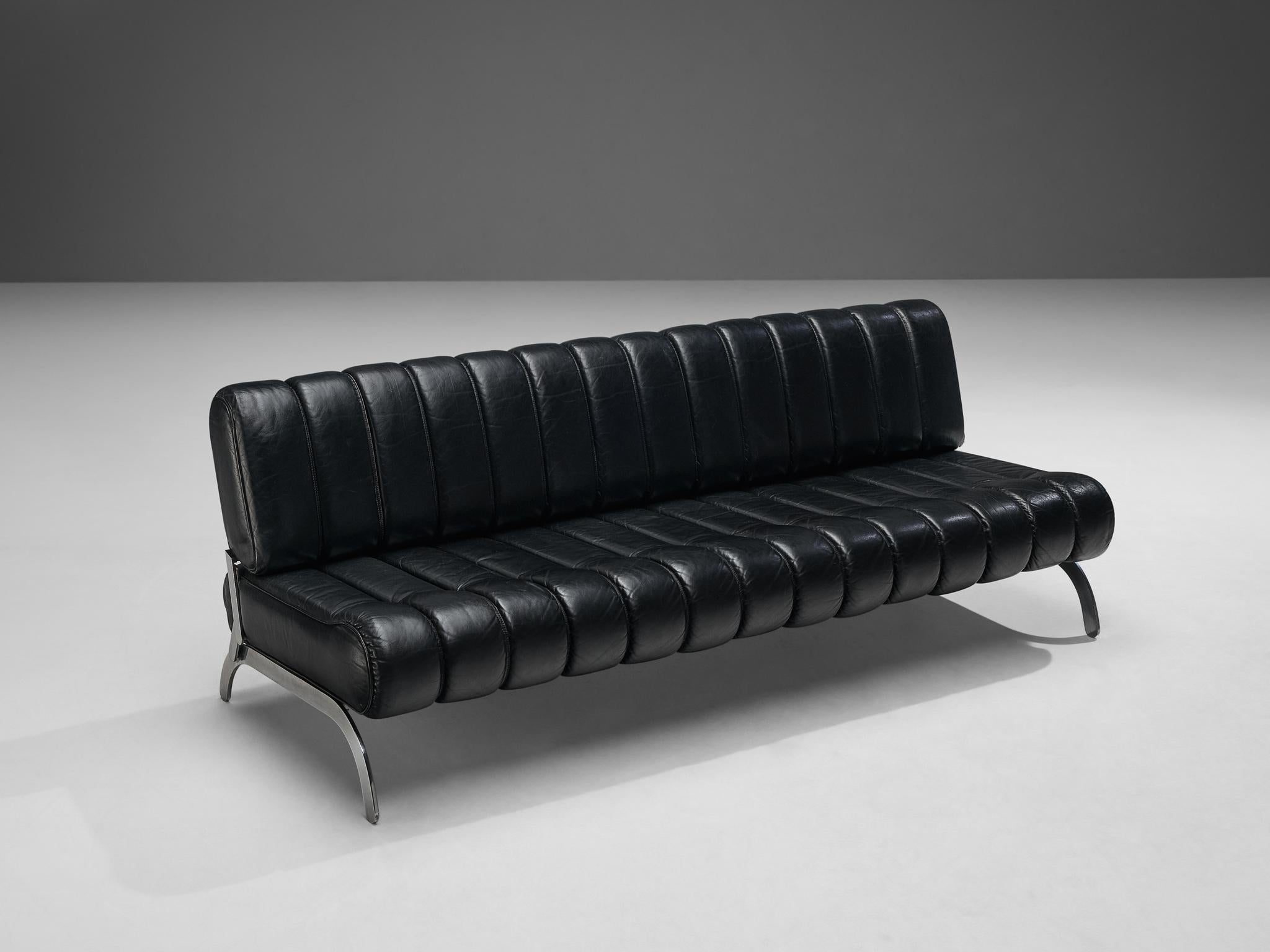 Mid-20th Century Karl Wittmann 'Independence' Sofa or Daybed in Metal and Black Leather