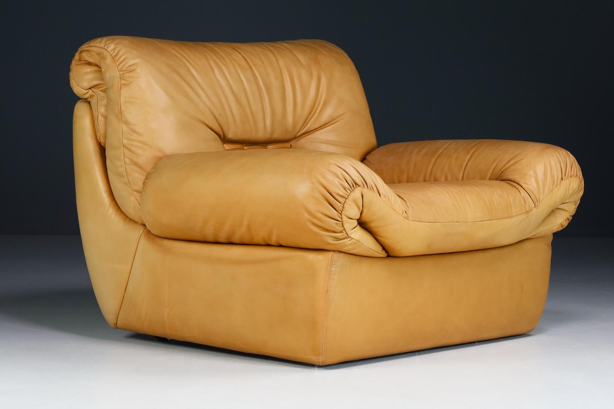 Mid-Century Modern Karl Wittmann Lounge Chair Cognac Brown Leather, by Bruno Egger, Austria, 1971 For Sale