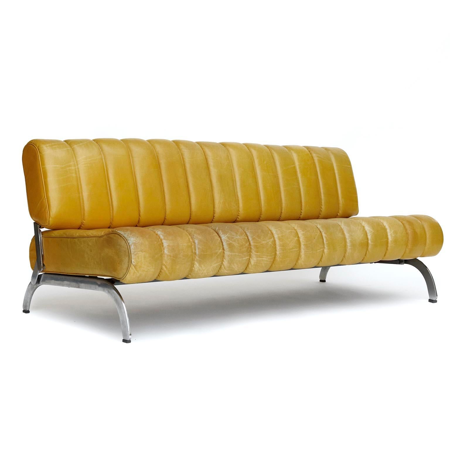 Mid-Century Modern Karl Wittmann Sofa Daybed Independence, Patinated Yellow Leather, Austria, 1970s