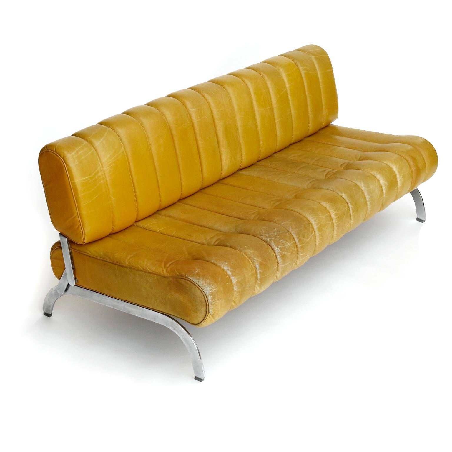 Austrian Karl Wittmann Sofa Daybed Independence, Patinated Yellow Leather, Austria, 1970s