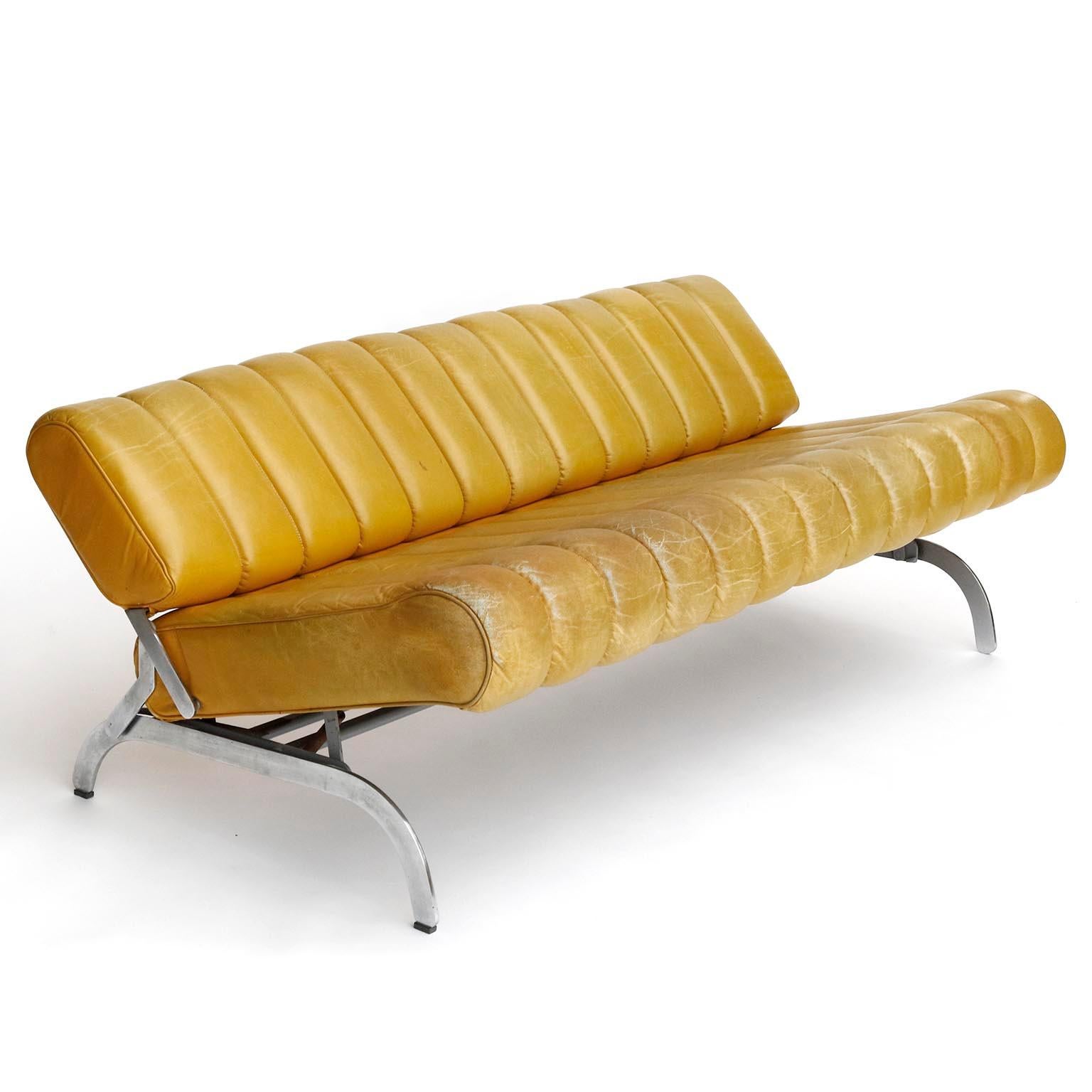 Metal Karl Wittmann Sofa Daybed Independence, Patinated Yellow Leather, Austria, 1970s