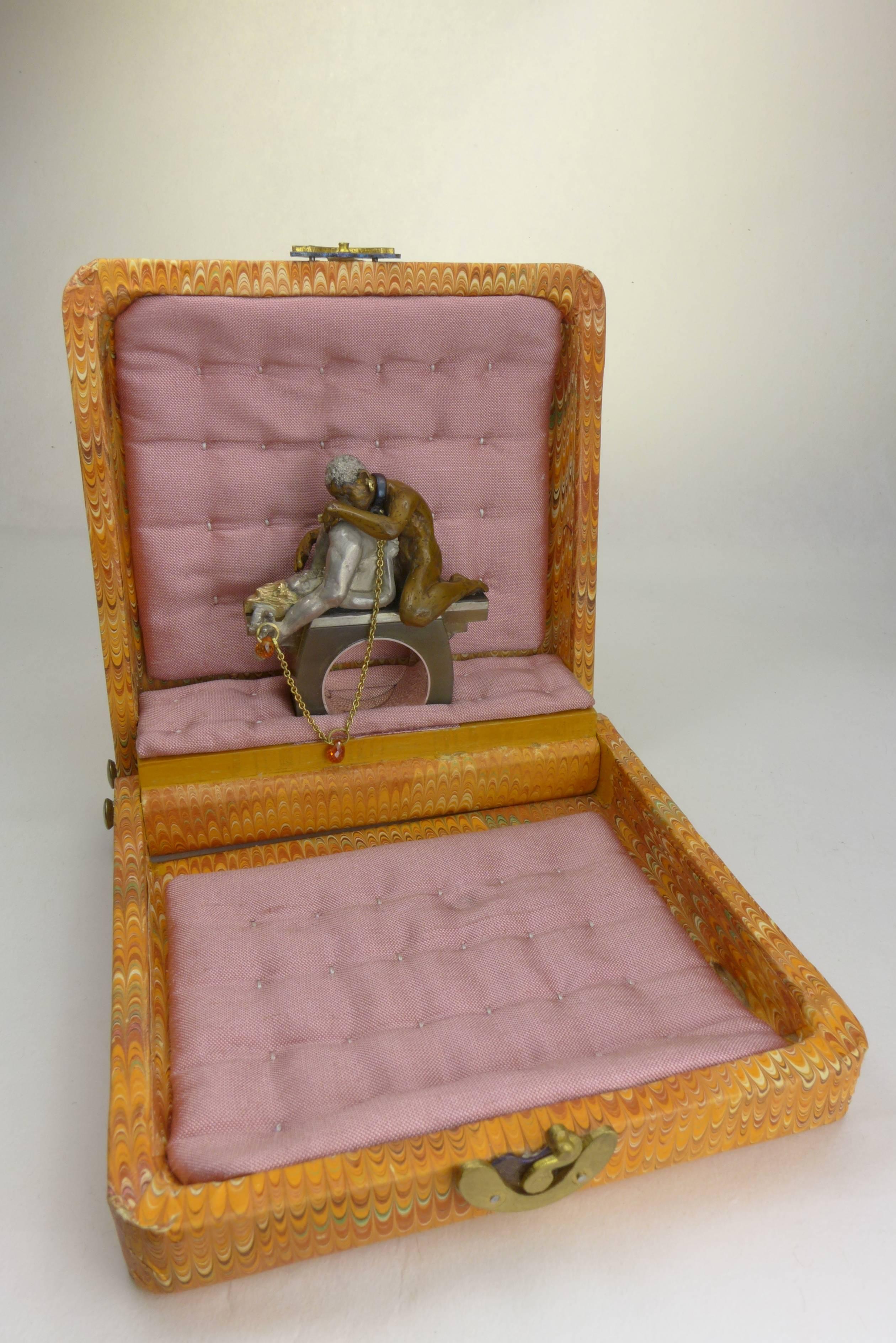 Ring by Karl Wunderlich made of  silver, bronze, 14 ct yellow gold, bronze/copper Mokume Gane, Shakudo, orange sapphire briolettes, blonde buffalo horn. 
Comes with individual jewellery box and certificate. One of a kind.
A very detailed jewel which