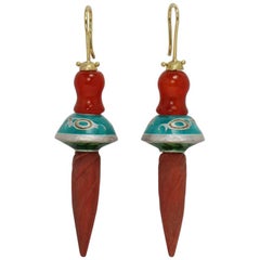 Karl Wunderlich Yellow Gold Silver Carnelian Beads Wood Enamel Earrings