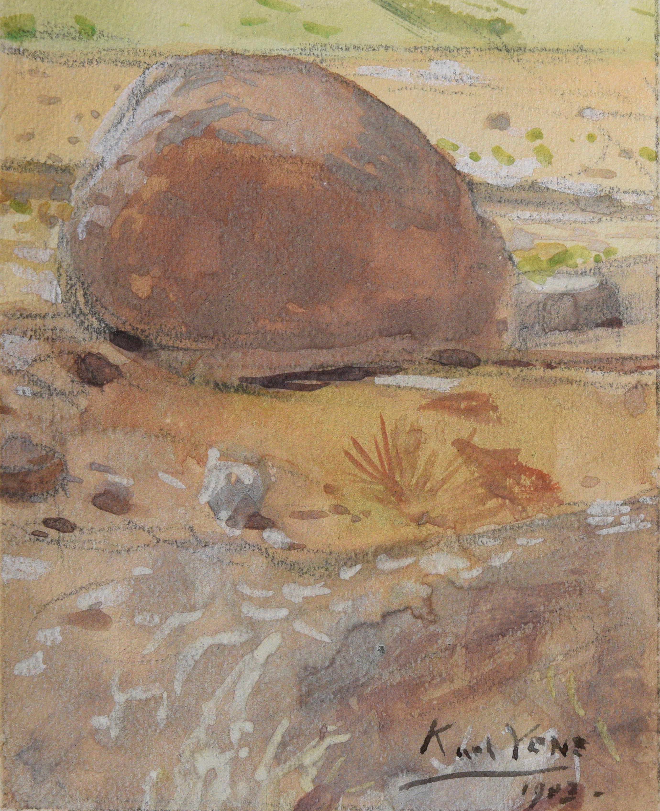 Paysage rocheux des montagnes lointaines - Gris Landscape Art par Karl Yens