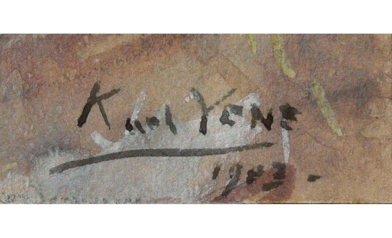 Fragment impressionniste d'un paysage californien par Karl Yens (1868-1945, allemand). Aquarelle sur papier, créée en 1903. Présenté dans un cadre en bois doré avec un passe-partout gris et du plexiglas. Signé 