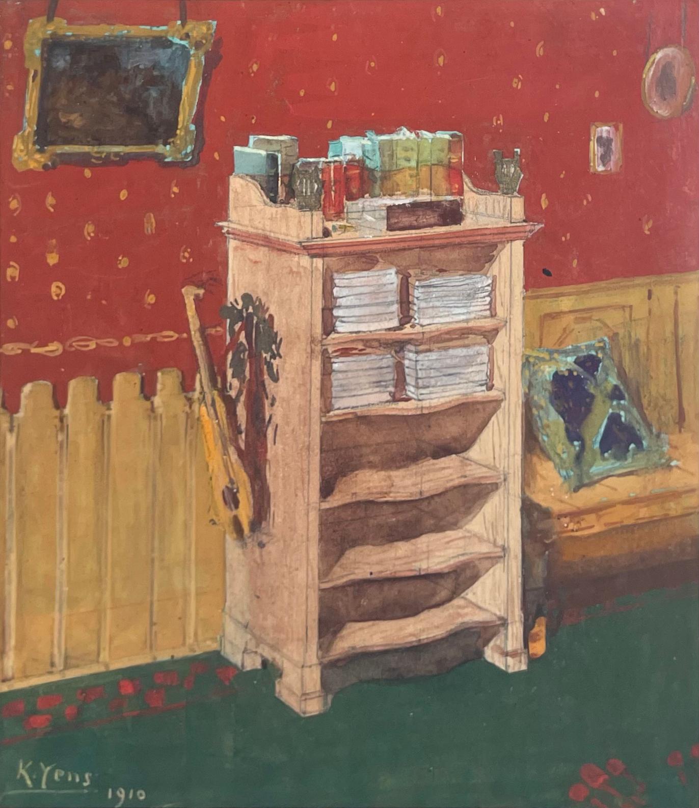 Sans titre (Intérieur avec bibliothèque), c. 1910 - Painting de Karl Yens