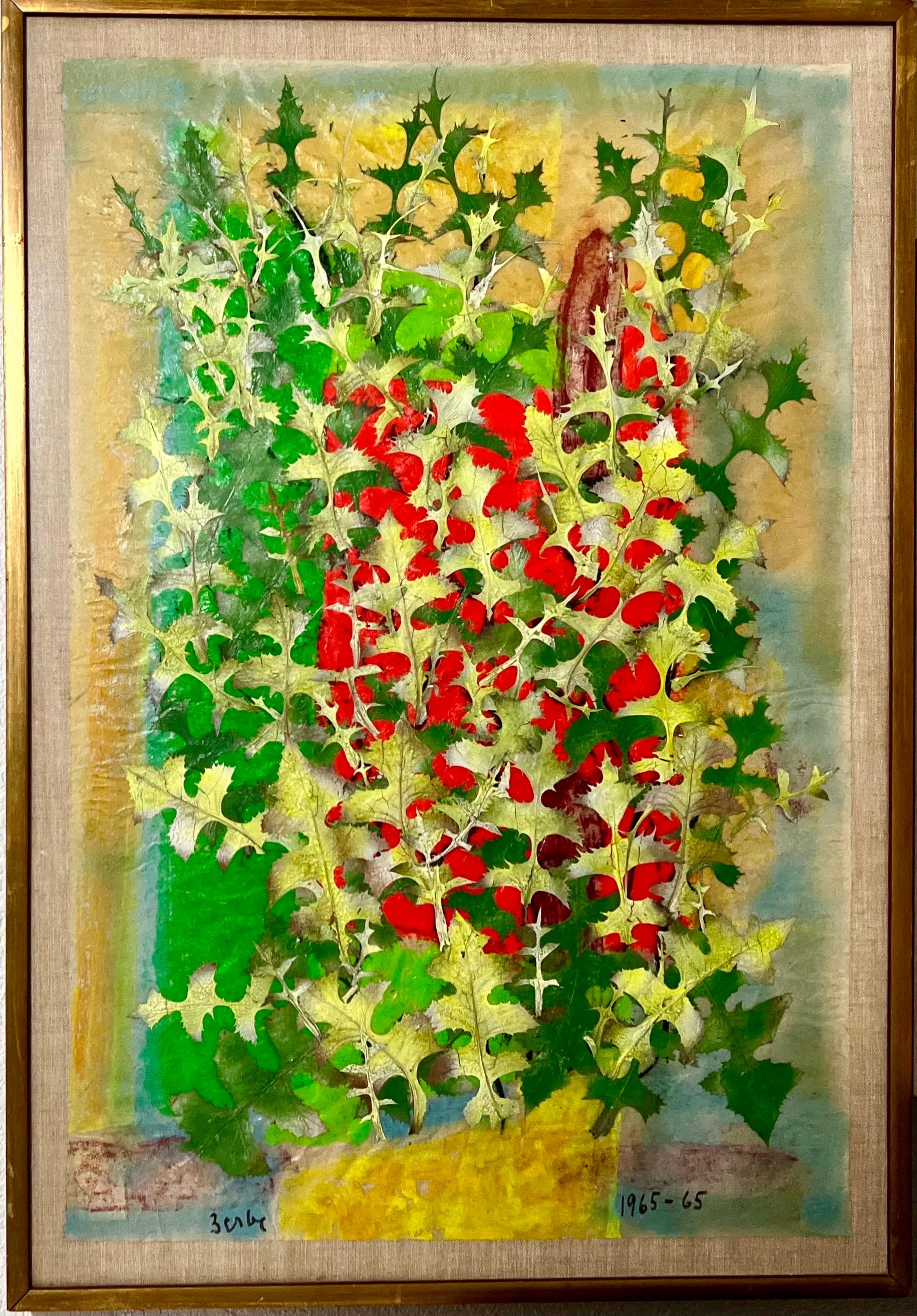Karl Zerbe (1903-1972) 
Eine Mixed-Media-Malerei-Collage aus neonfarbenen Blättern auf Leinwand mit Pergamentunterlage. 
Handsigniert "Zerbe" unten links und datiert unten rechts 1965-65. 
Abmessungen: Collage: 36 Zoll hoch x 24 Zoll breit. Rahmen:
