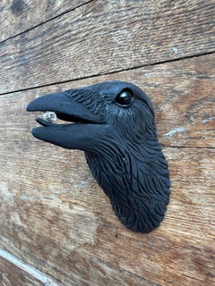 Ceramic Wall Sculpture of Crow #12 with Crystal in Beak