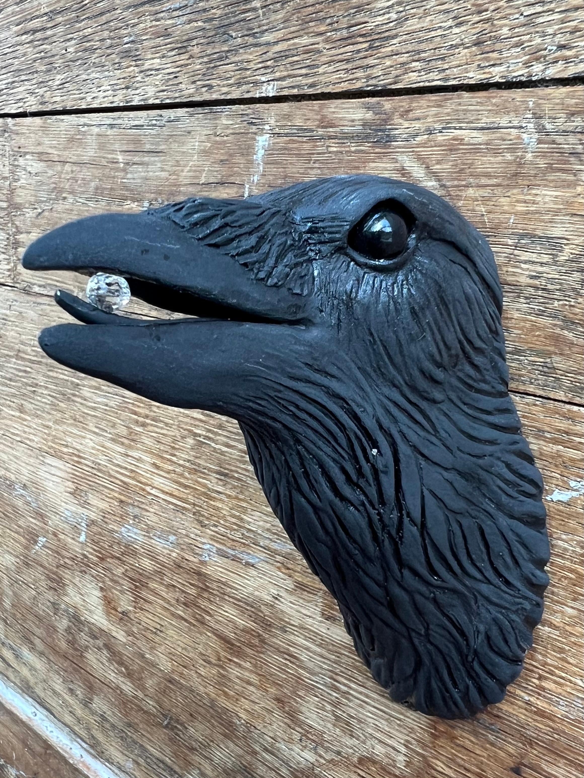 Ceramic Wall Sculpture of Crow #12 with Crystal in Beak