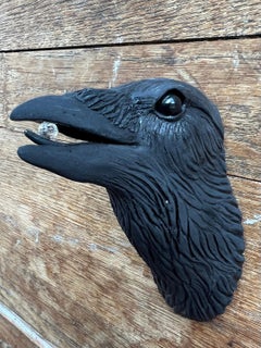 Ceramic Wall Sculpture of Crow #12 with Crystal in Beak