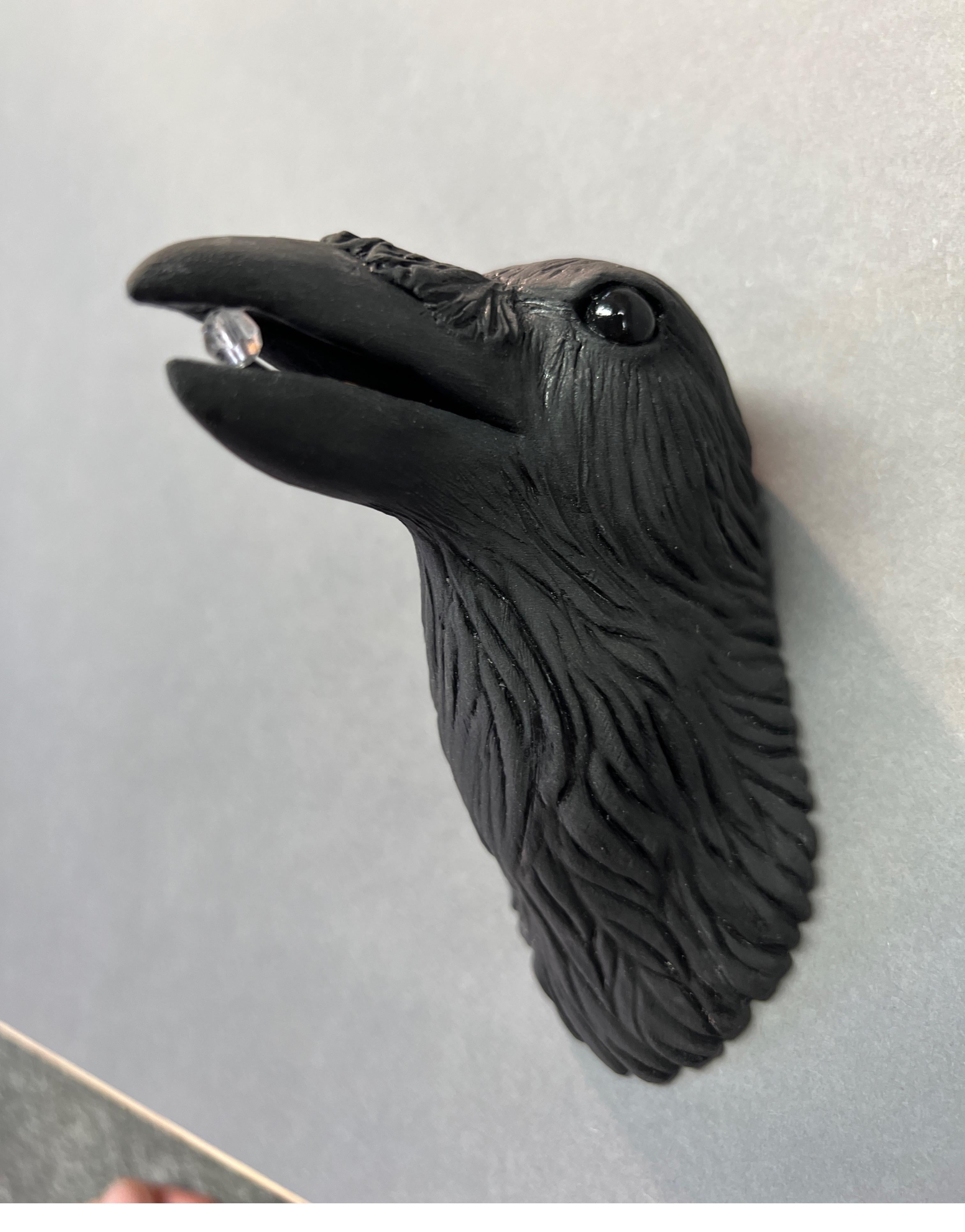 Ceramic Wall Sculpture of Crow #9 with Crystal in Beak - Gray Still-Life Sculpture by Karla Walter
