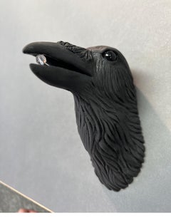 Ceramic Wall Sculpture of Crow #9 with Crystal in Beak