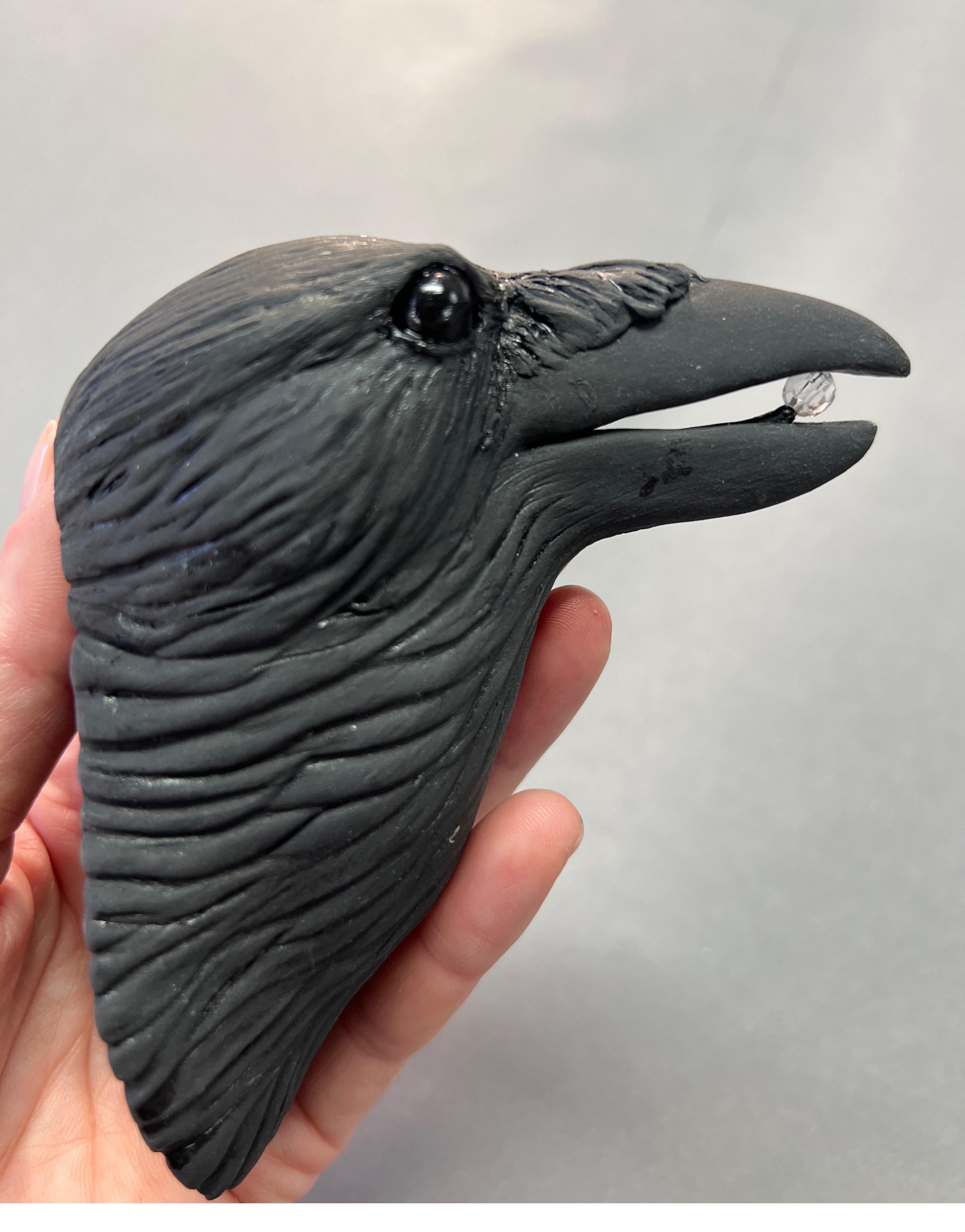 Ceramic Wall Sculpture of Crow #9 with Crystal in Beak 1