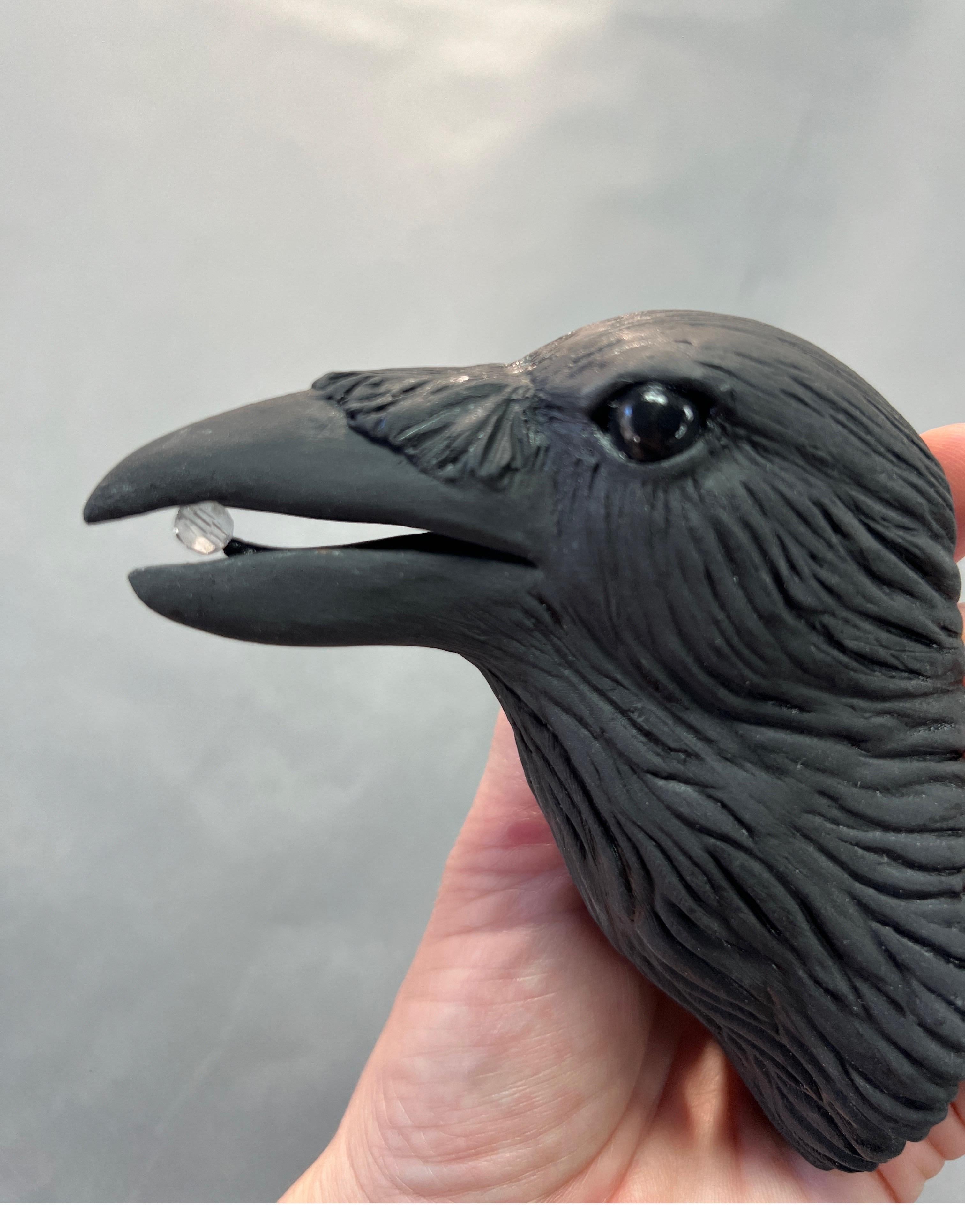 Ceramic Wall Sculpture of Crow #9 with Crystal in Beak 3