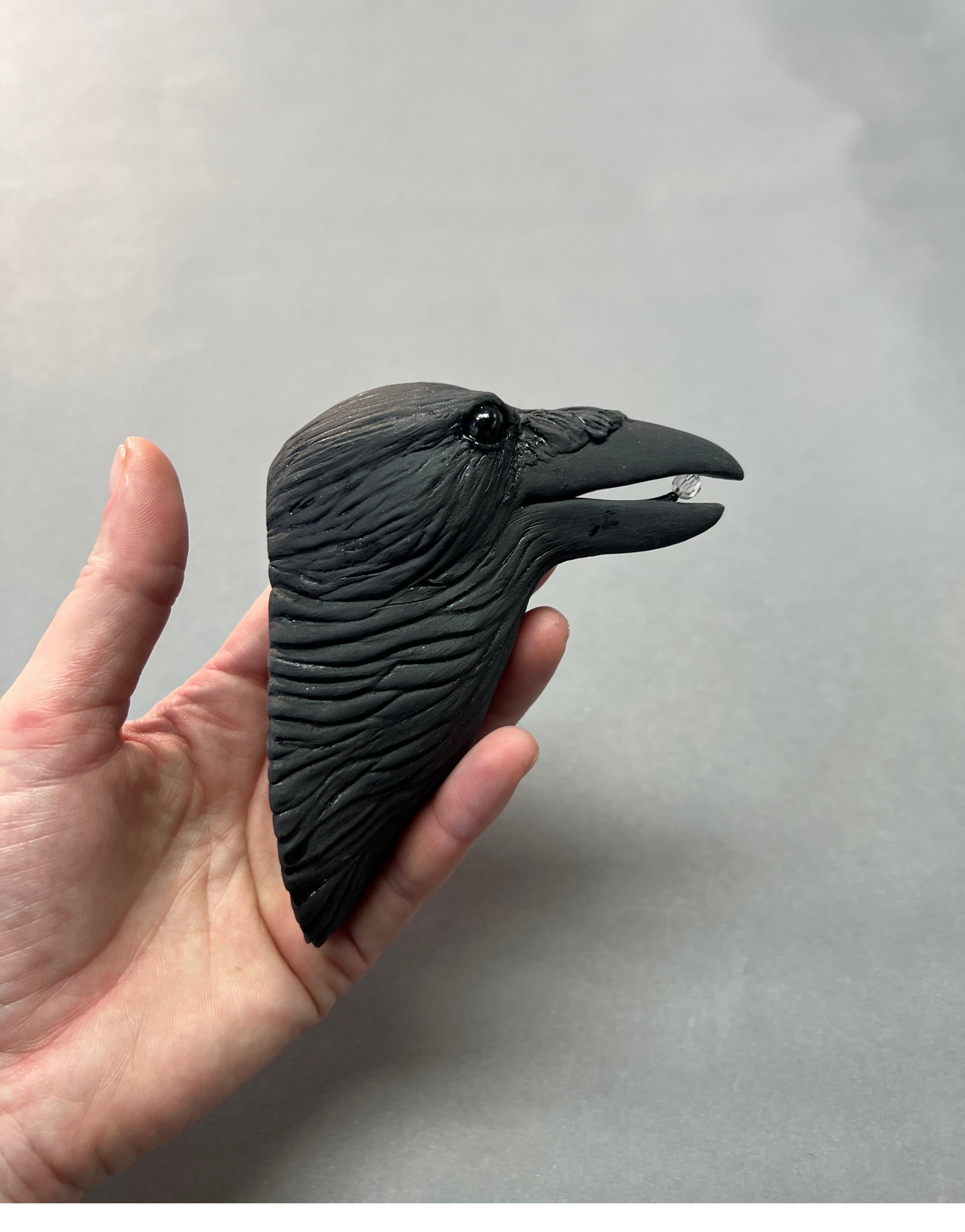 Ceramic Wall Sculpture of Crow #9 with Crystal in Beak 5