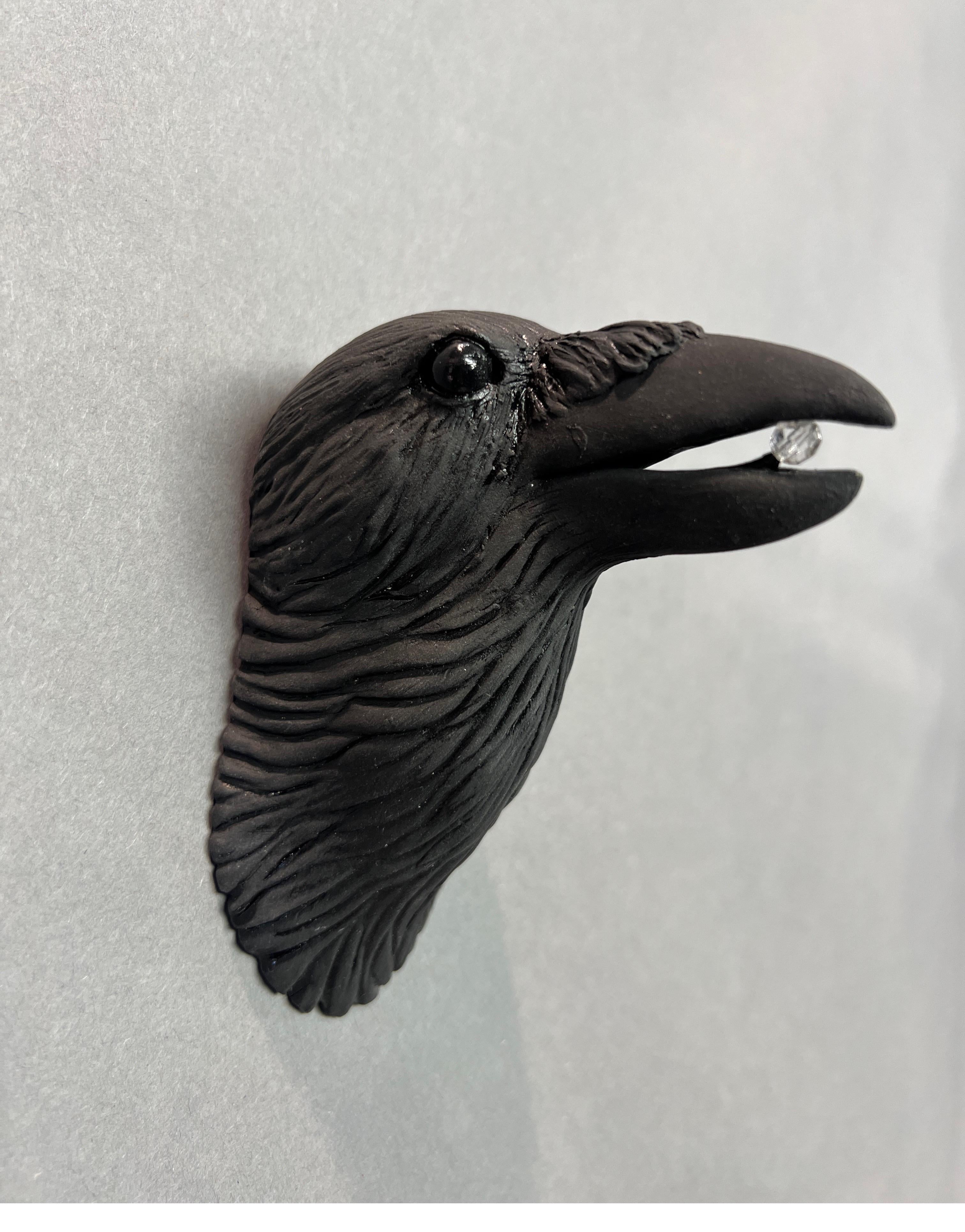 Ceramic Wall Sculpture of Crow #9 with Crystal in Beak 6