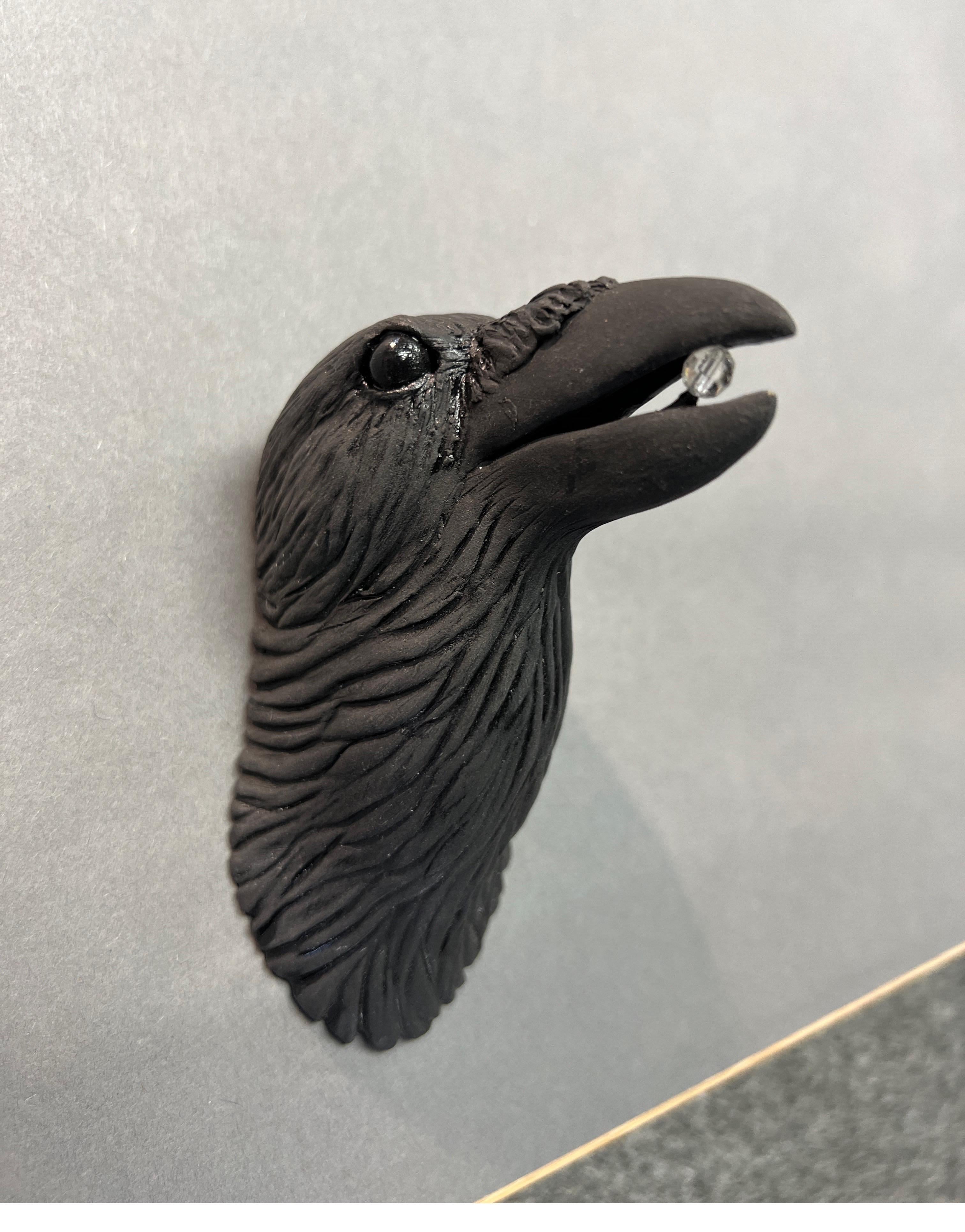 Ceramic Wall Sculpture of Crow #9 with Crystal in Beak