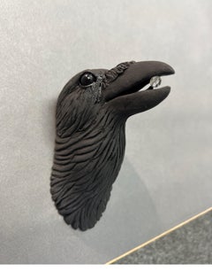 Ceramic Wall Sculpture of Crow #9 with Crystal in Beak