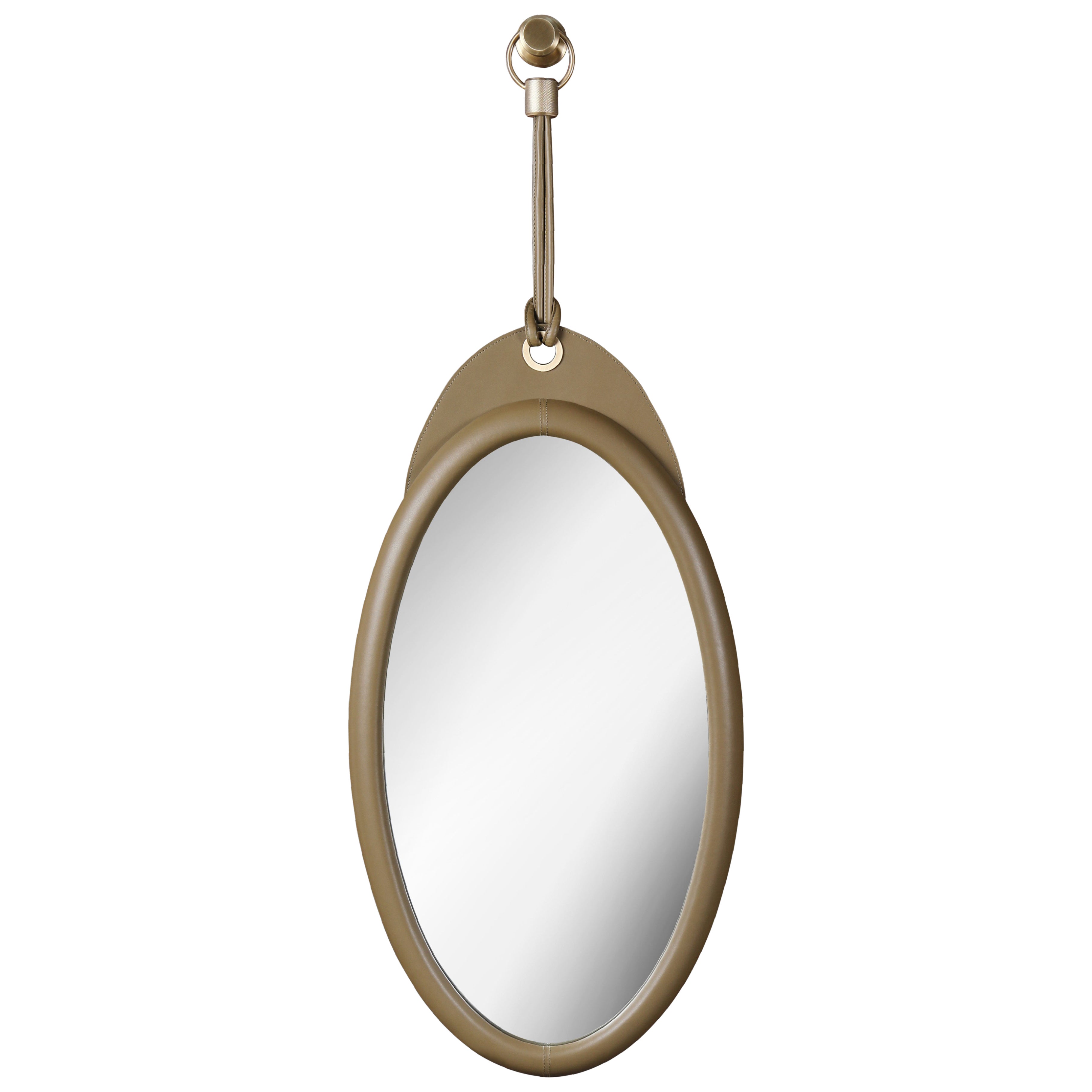 Karlo Oval Mirror Large in Leather and Brushed Brass by Madheke