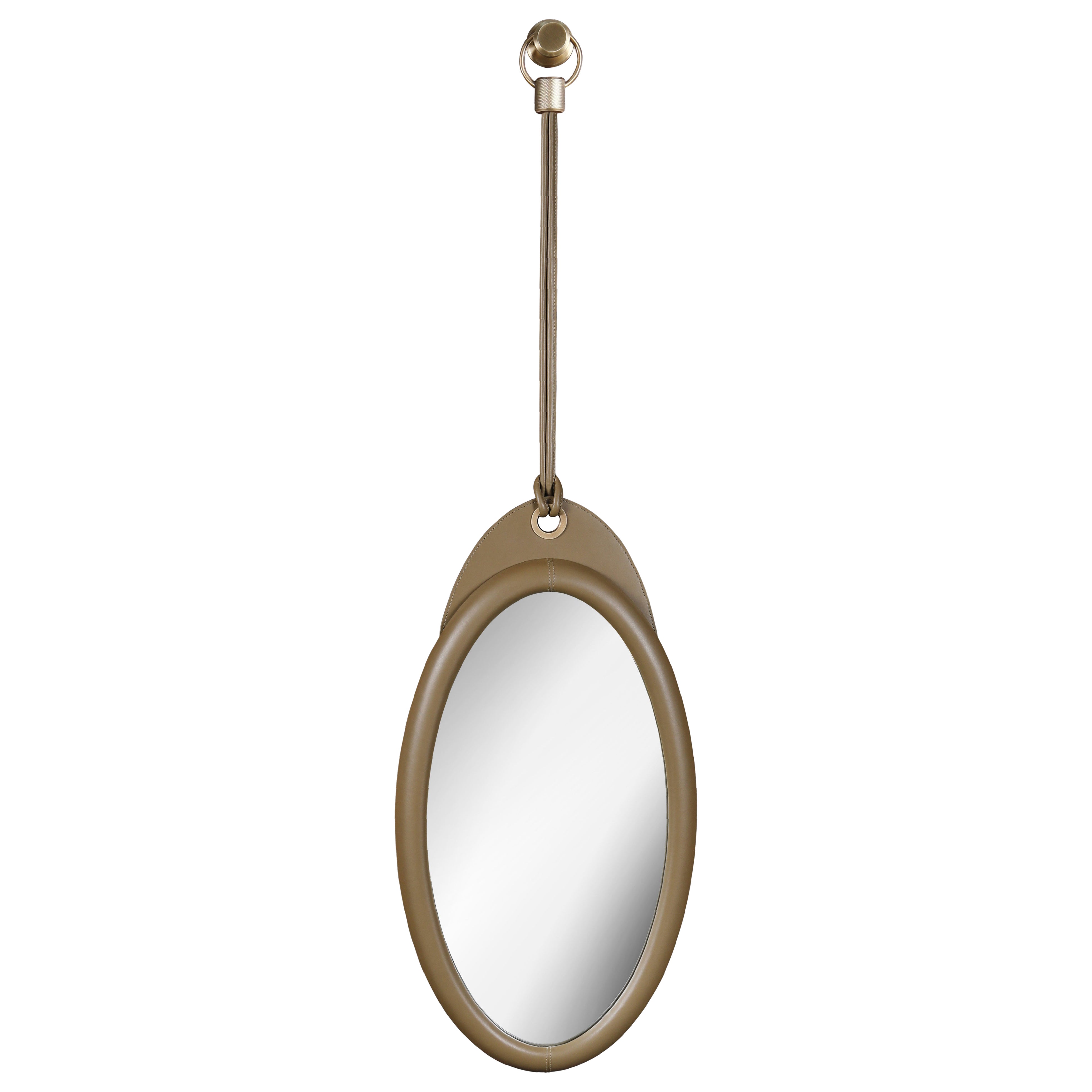 Karlo Oval Mirror Medium in Leather and Brushed Brass by Madheke For Sale