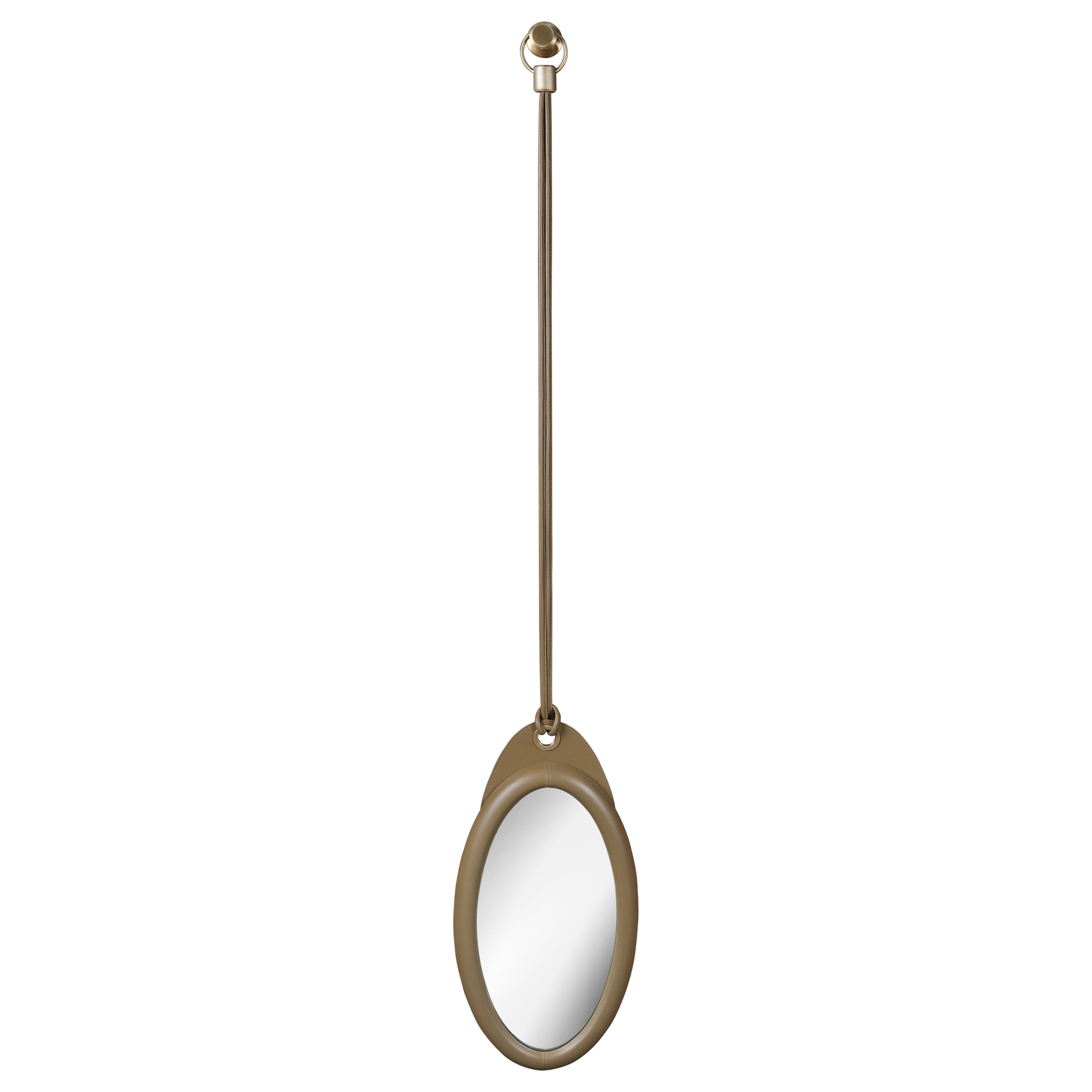 Karlo Oval Mirror Small in Leather and Brushed Brass by Madheke