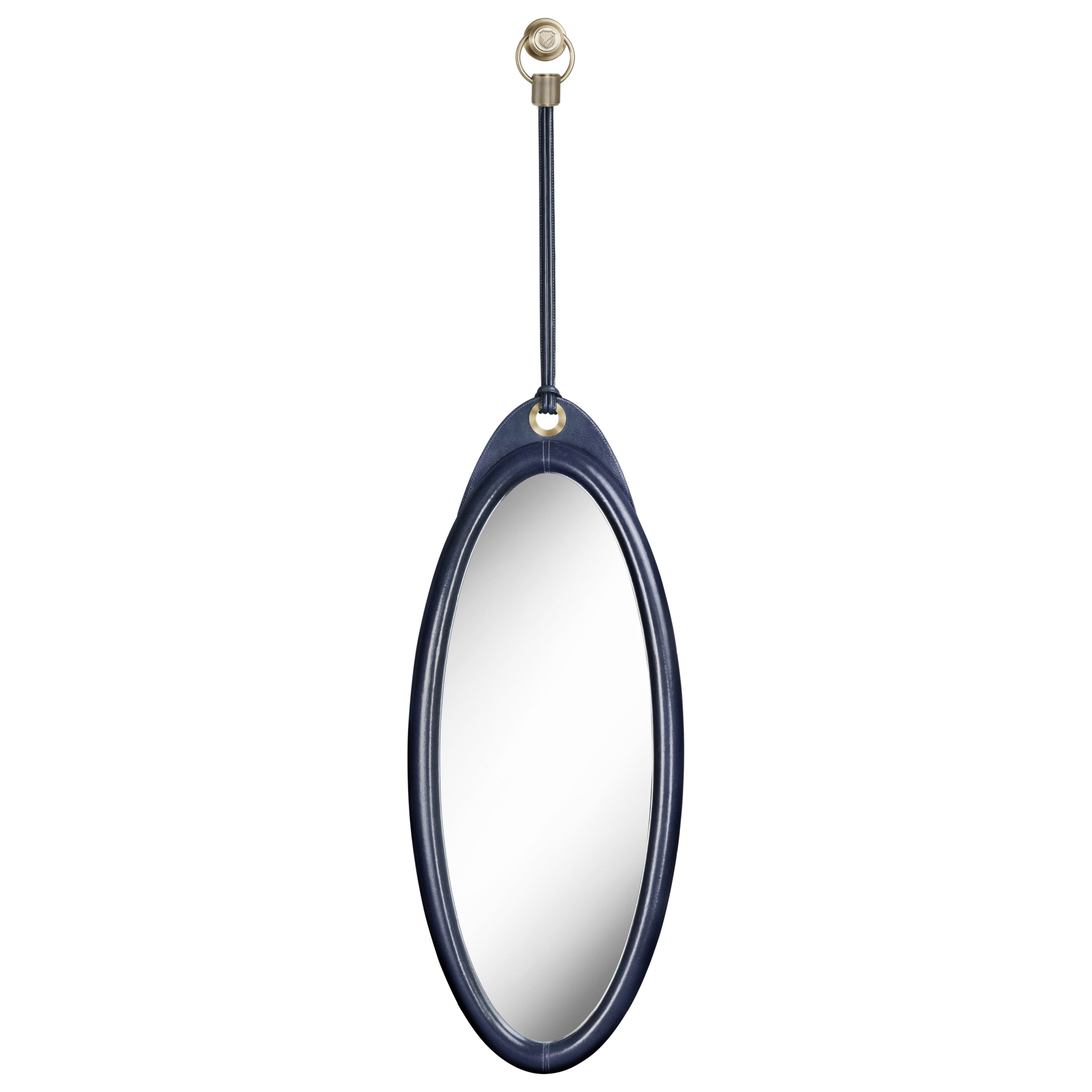 Karlo Ovate Mirror Large in Leather and Brushed Brass by Madheke For Sale