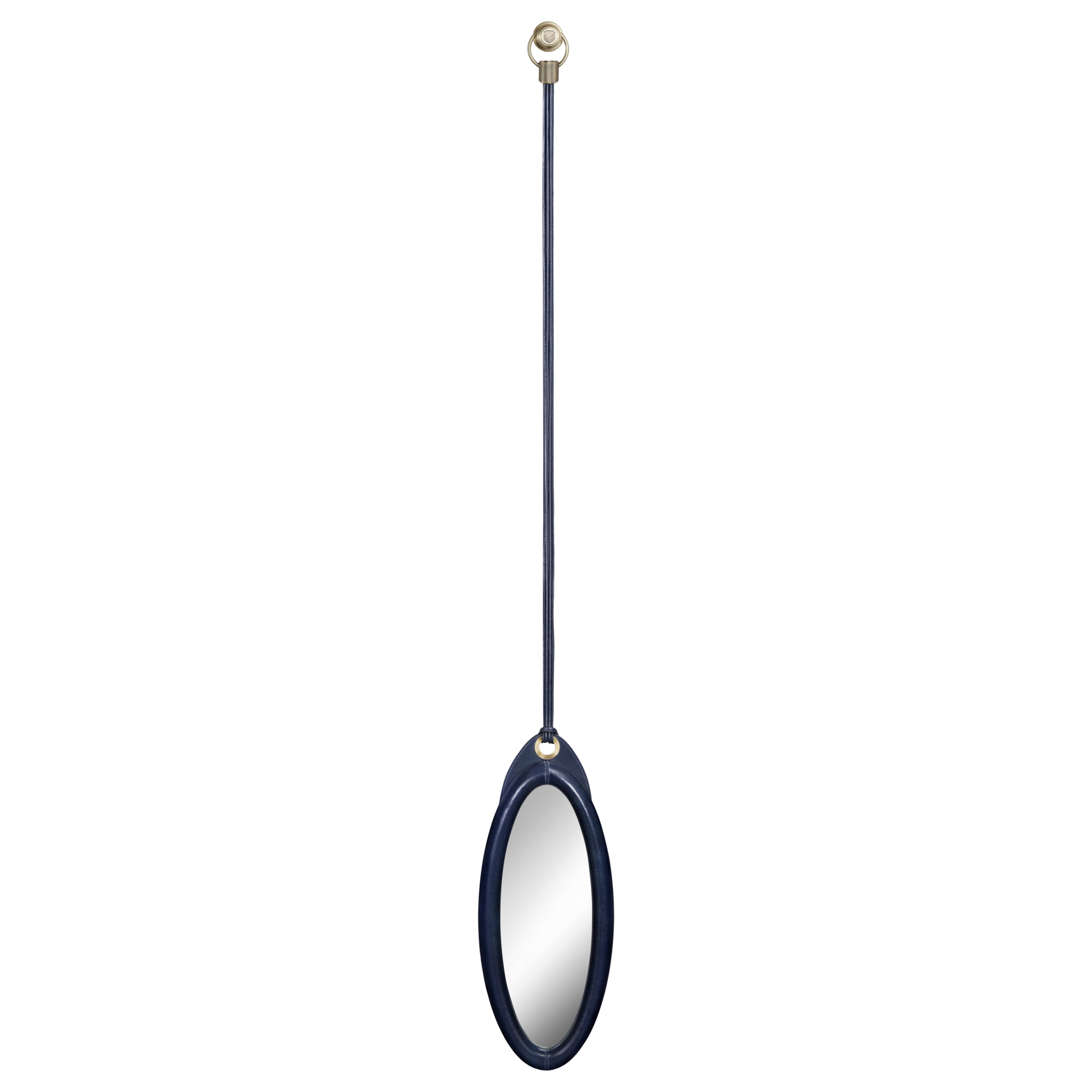 Karlo Ovate Mirror Small in Leather and Brushed Brass by Madheke For Sale