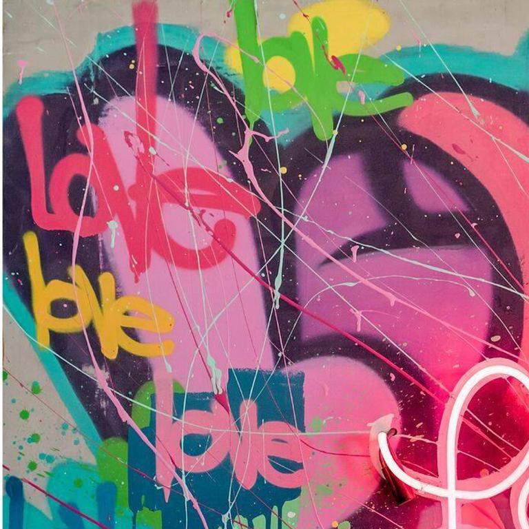 Much Love - Original Graffiti Painting - Contemporary - Neon on Wood - Street Art Mixed Media Art by Karlos Marquez