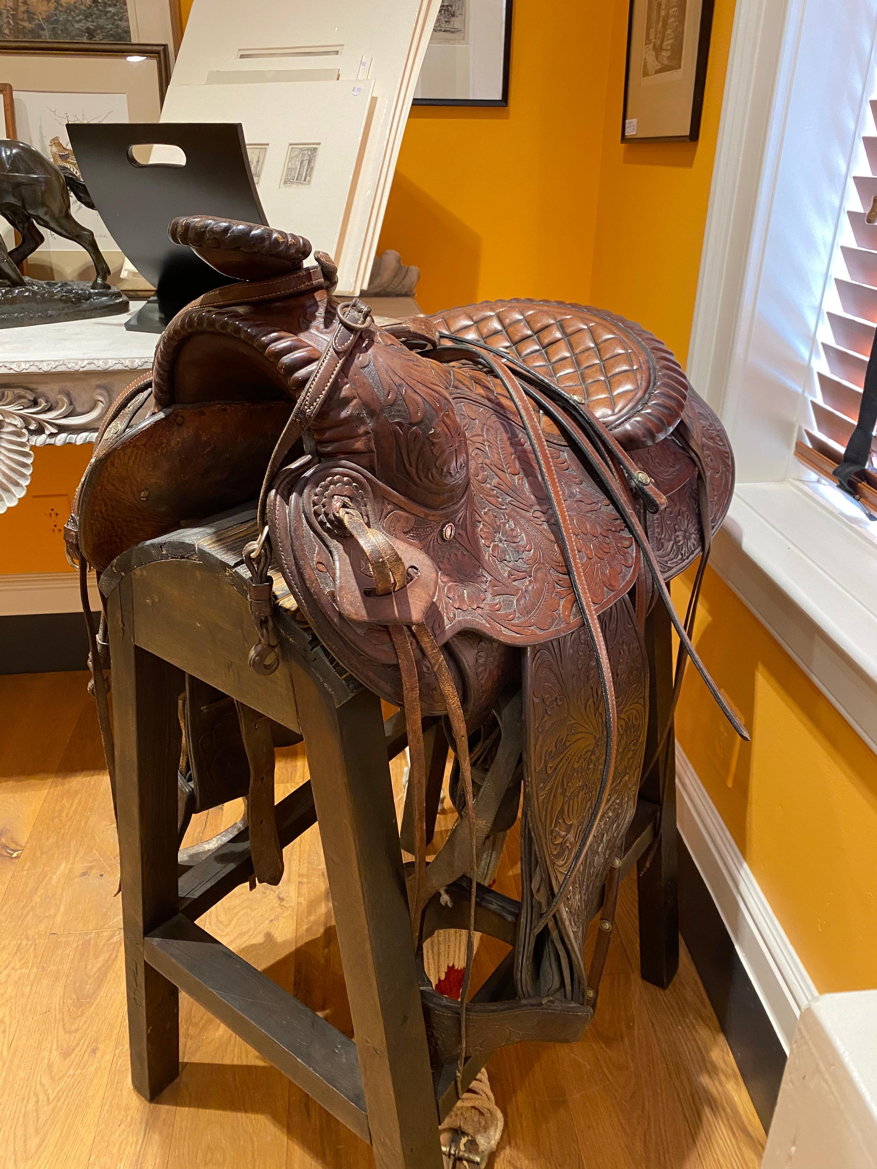 Karl’s of Seattle was owned by Karl L. Raab who employed one of the premier silversmiths on the west coast, Don Ellis (1913-1969), to manufacture mountings for their coveted line of parade saddles.