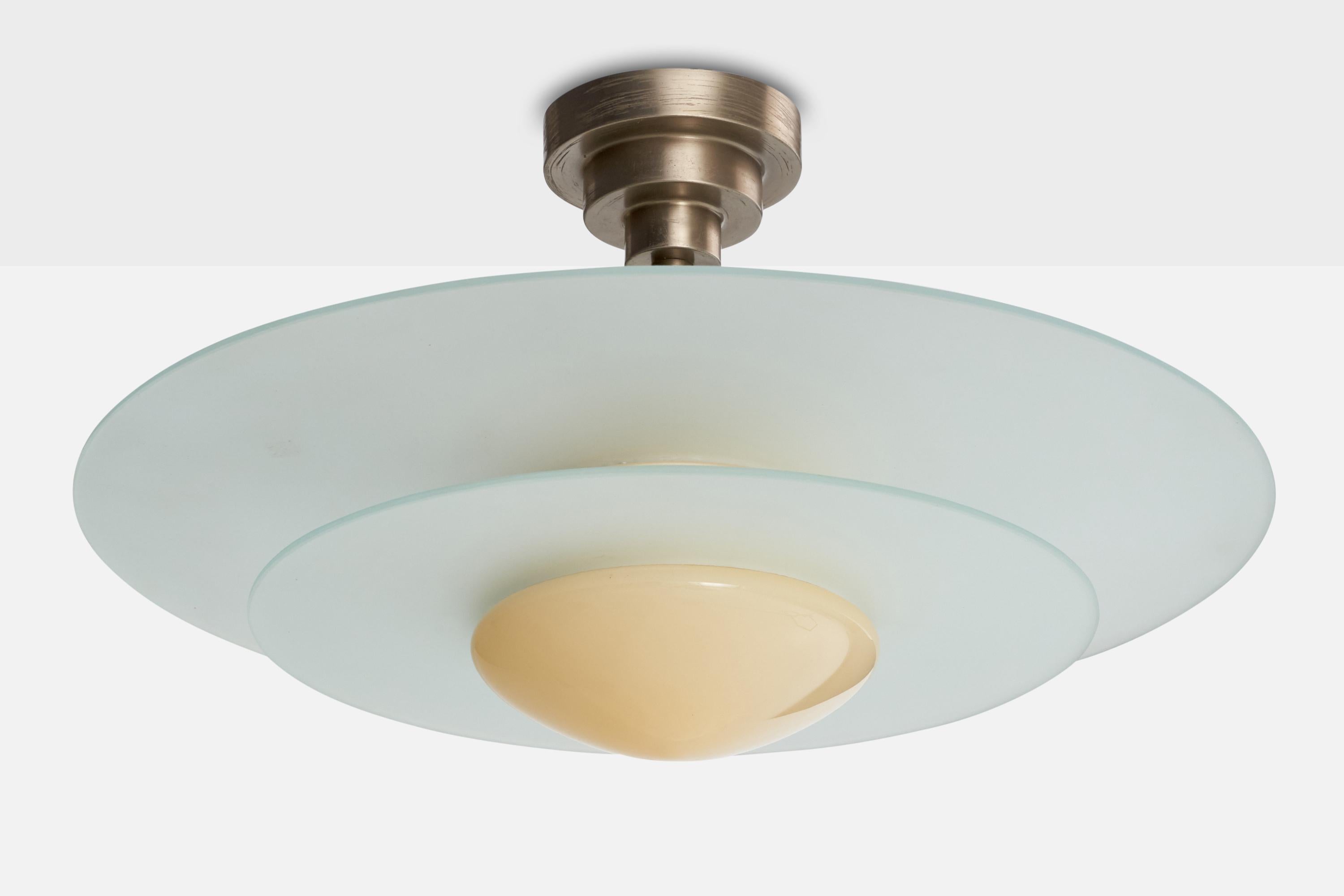 A metal opaline and frosted glass pendant light produced by Karlskrona Lampfabrik, Sweden, c. 1930s.

Overall Dimensions (inches): 11.25” H x  20” Diameter

Dimensions of Canopy: 2.75” H x 4.375” diameter

Stem length: 1” H

Bulb Specifications: