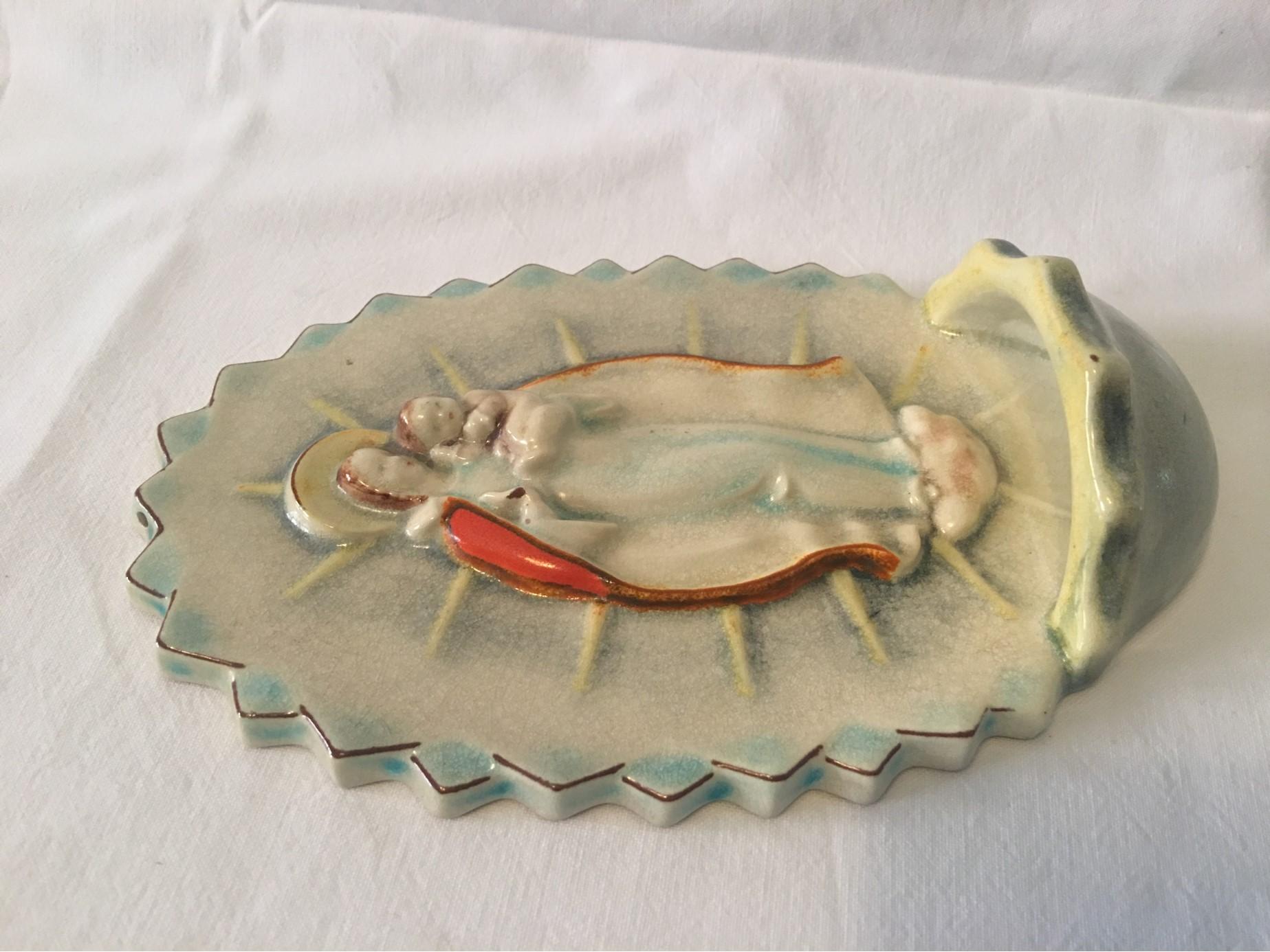German Karlsruhe Majolika Ceramic Holy Water Font Virgin Mary by Max Heinze, 1940s For Sale