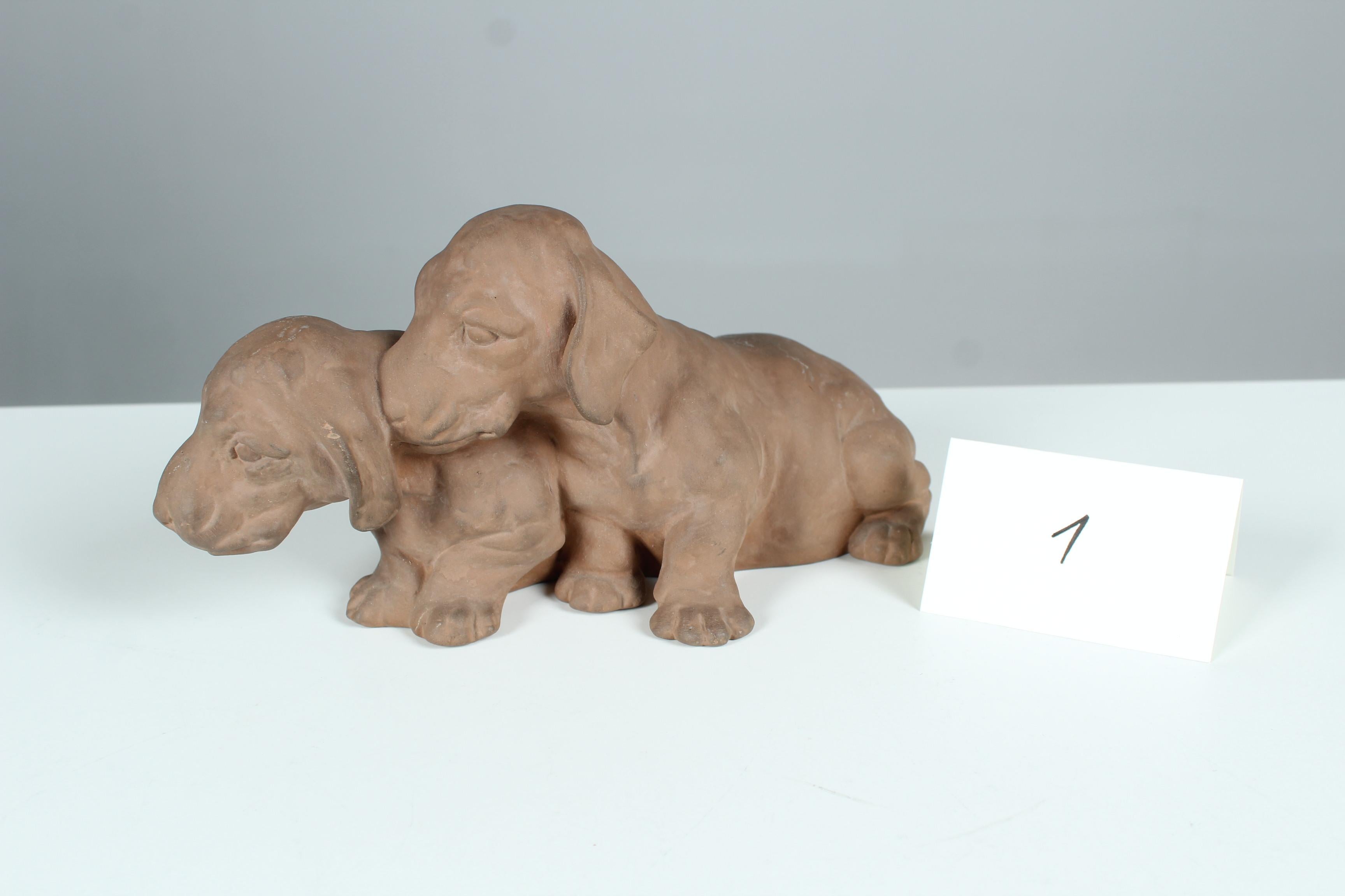 Ceramic Karlsruhe Majolika Manufactory Sculpture, Dogs, Dachshund, Germany, 20th Century For Sale