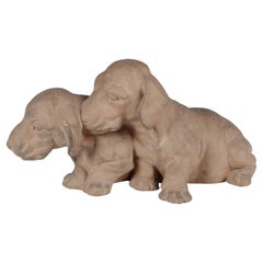 Antique Karlsruhe Majolika Manufactory Sculpture, Dogs, Dachshund, Germany, 20th Century