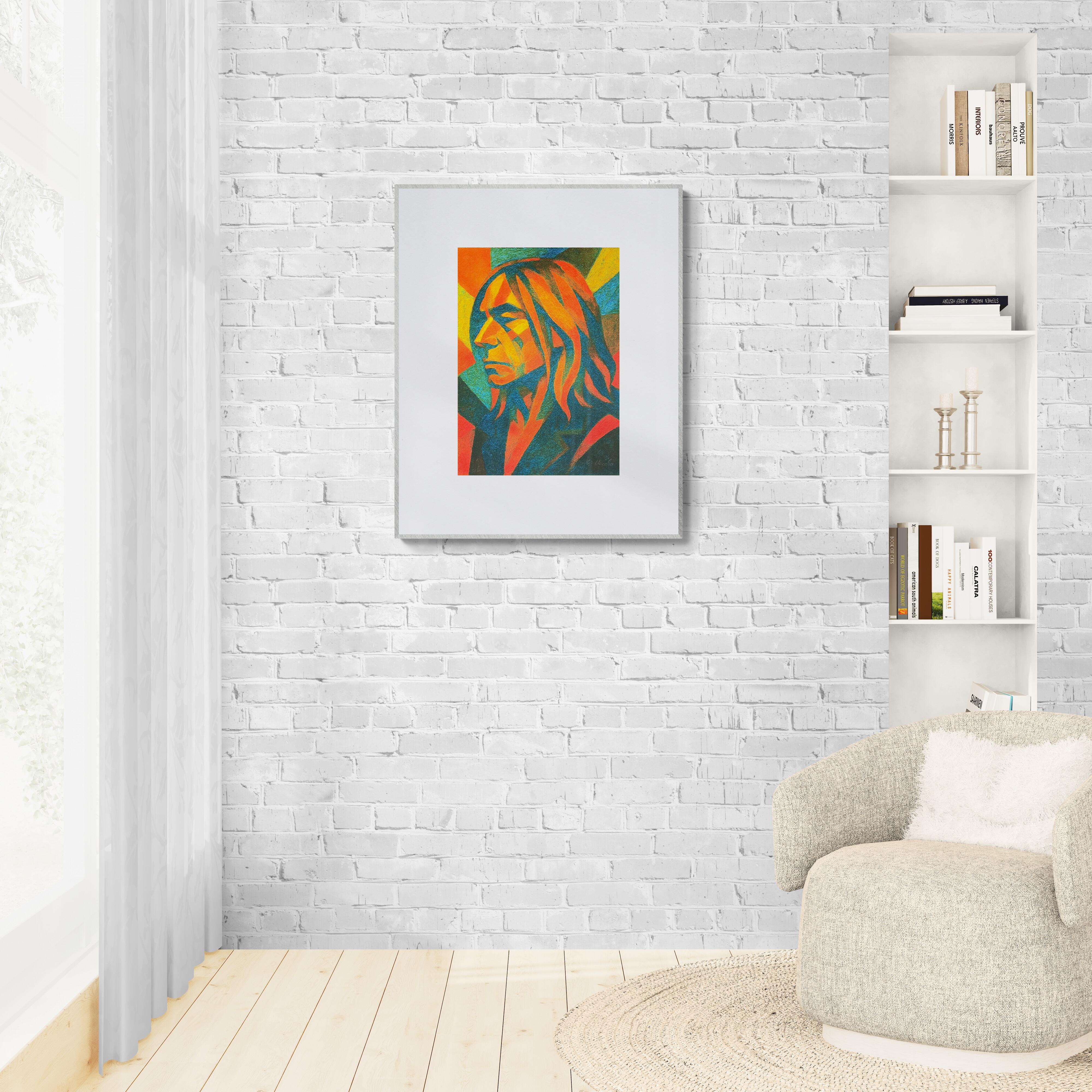 Homage to Iggy Pop (Colorful, Iconic, Punk, Cubism, Pop Art) - Black Portrait Print by Karmen Moccha