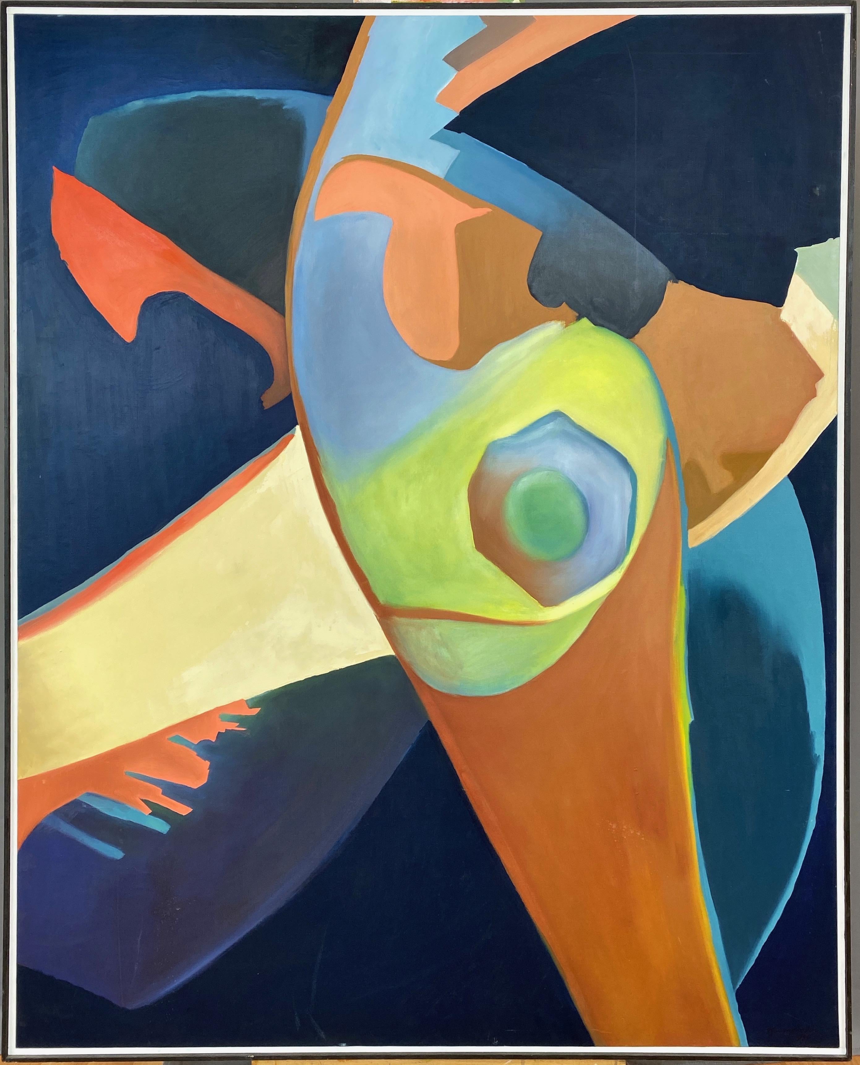 A large 1984 Expressionist acrylic painting on canvas titled “Larking in the Park” or “Pliers II” by California artist Karna Nelin.

Appearing at first glance to be an abstract assemblage of color blocked forms, further reflection (and a helpful