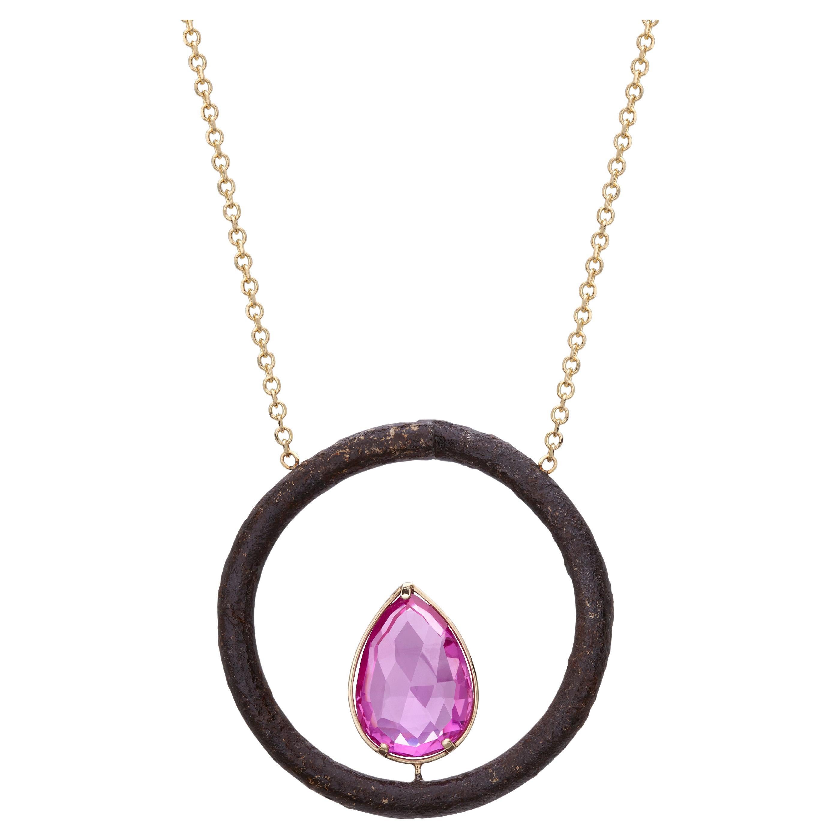 Karnayio Round Rusty Object Artistic Pendant in 9Kt Yellow Gold with Pink Spinel For Sale