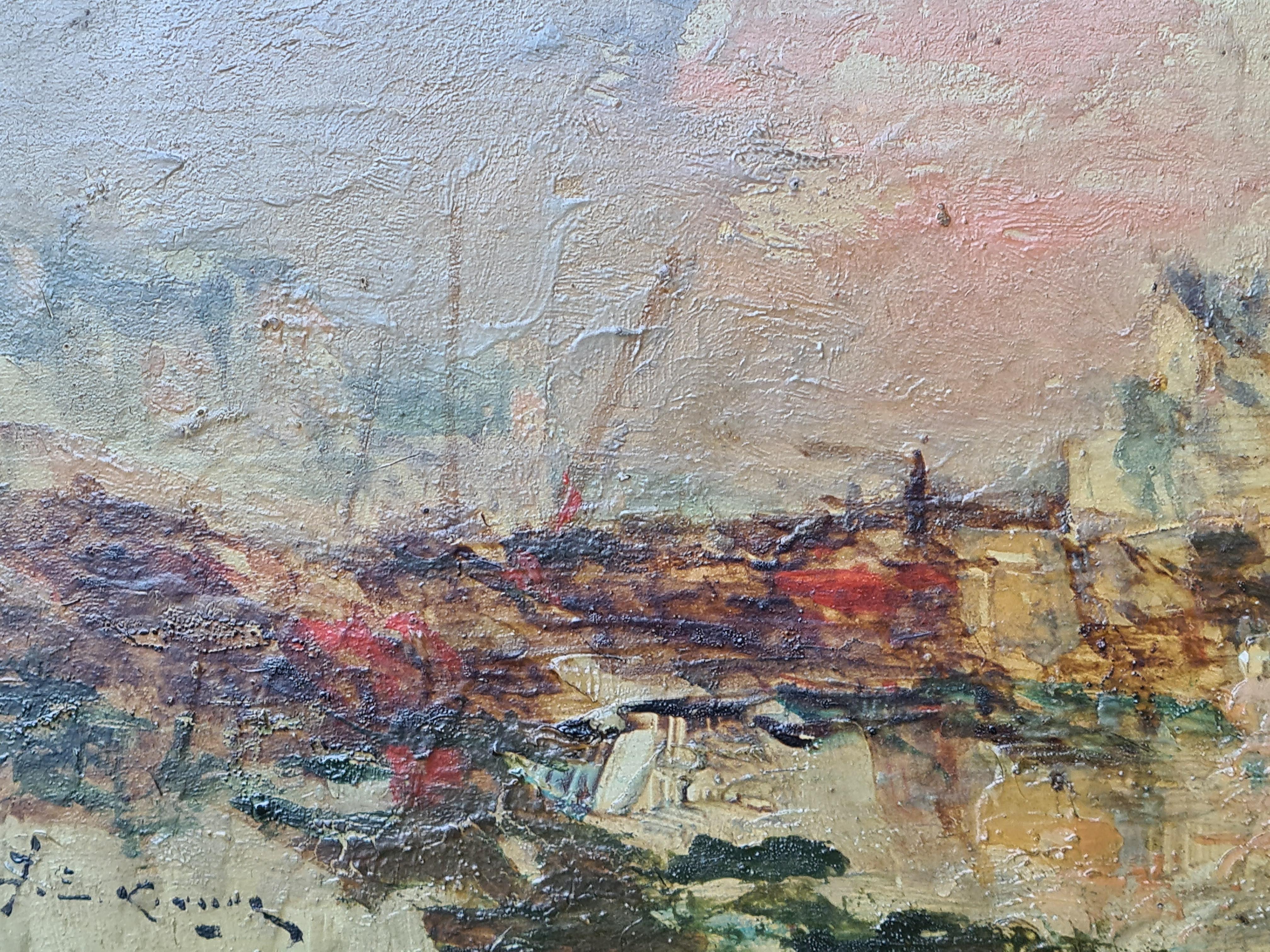 French Impressionist View of Boats in a Port, 'The Seine at Rouen'. Oil on Wood. For Sale 1