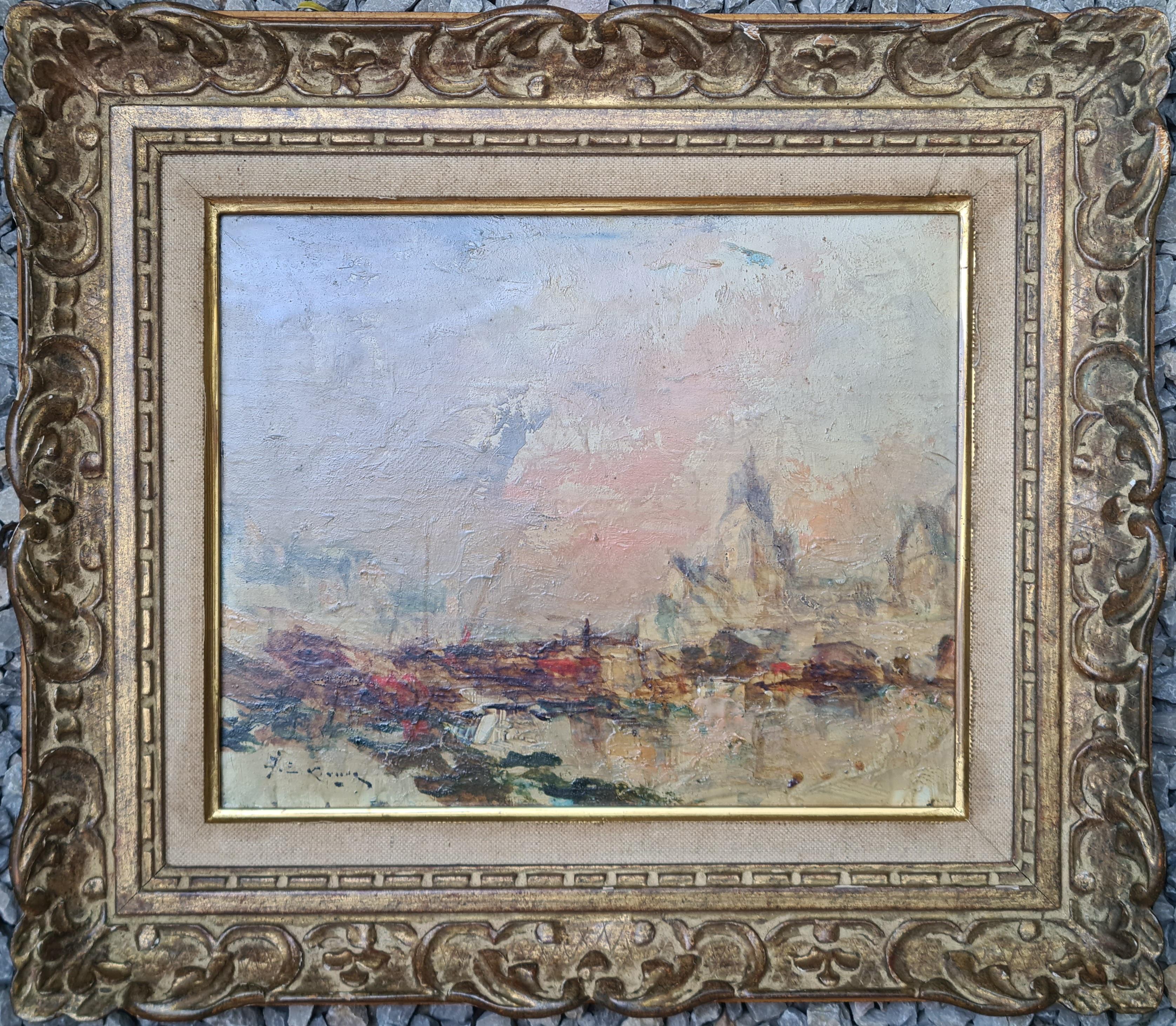 Vue impressionniste française représentant des bateaux dans un port, « La Seine à Rouen ». Huile sur bois.