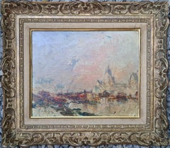 Antique French Impressionist View of Boats in a Port, 'The Seine at Rouen'. Oil on Wood.