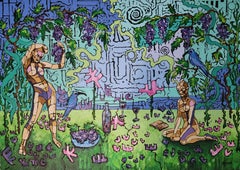 Abundance - The Grapevine Landscape Figurative Colorful Striking Painting  Art