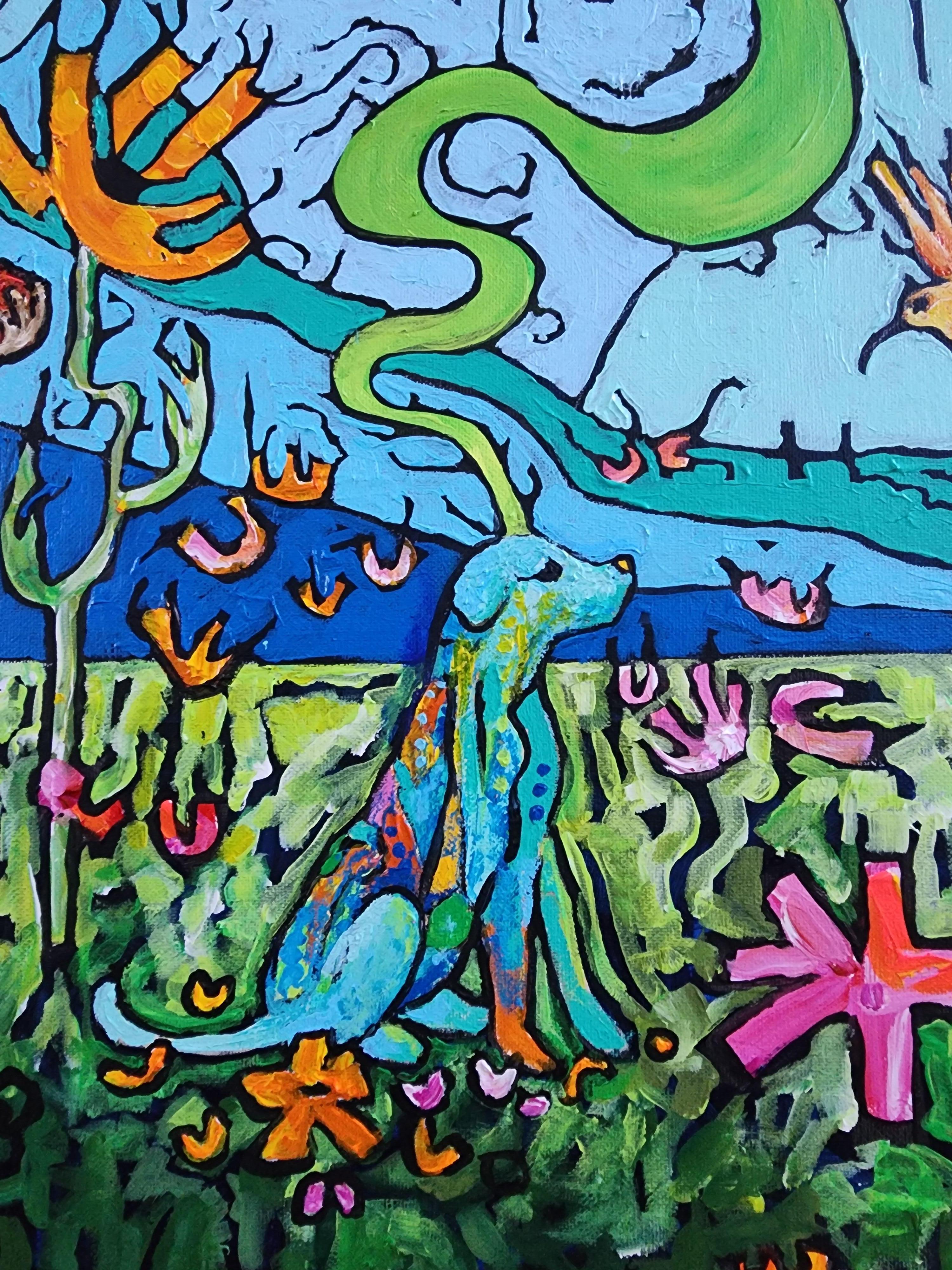 Precioso Perro Azul Día Auténtico Exclusivo Colorido Naturaleza Figurativo Brillante Alegría - Painting de Karnish Art