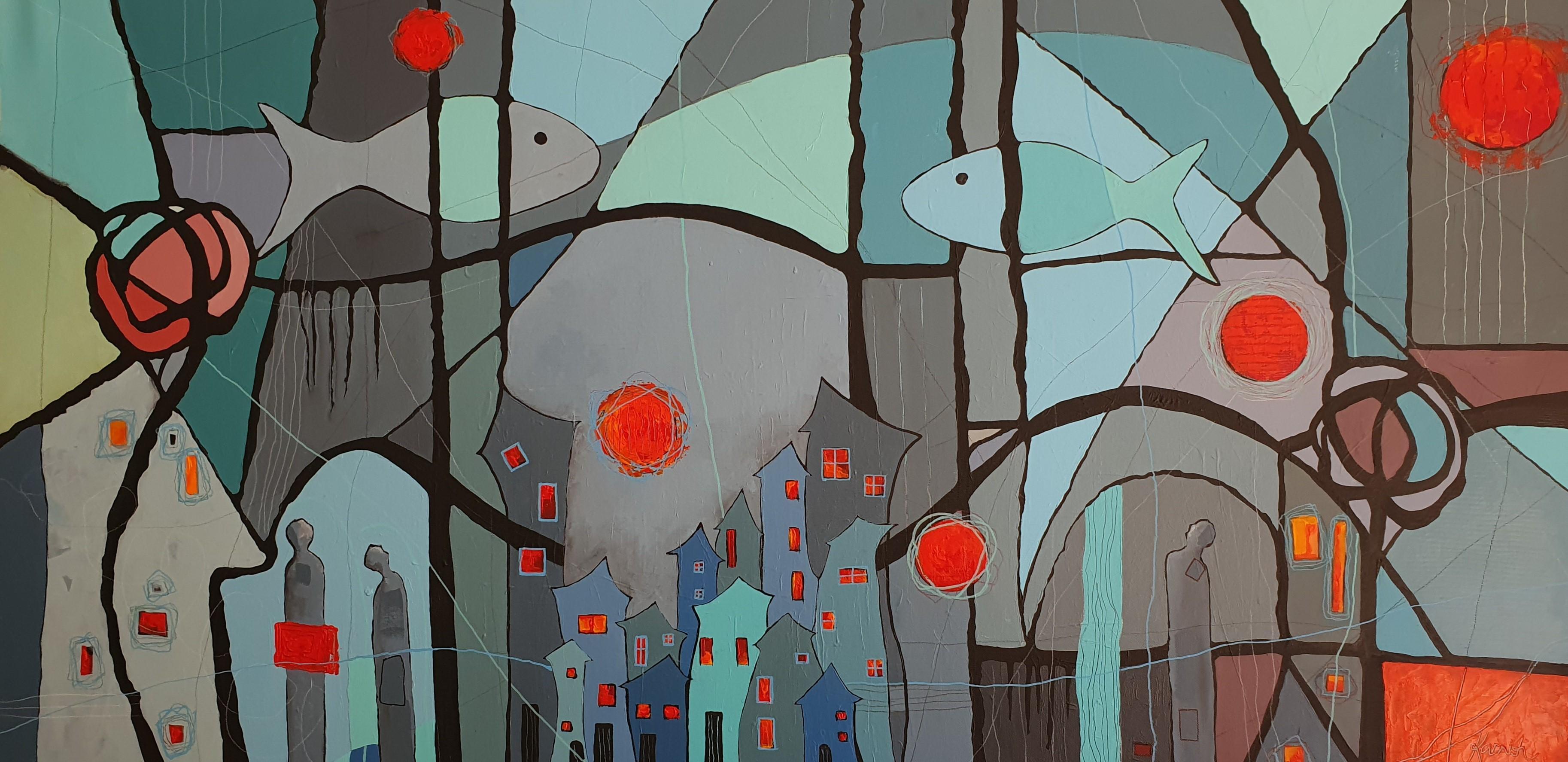 Karnish Art Figurative Painting - Blue Fish in the Sky: Large Abstract Expressionist Painting, 78x158 cm