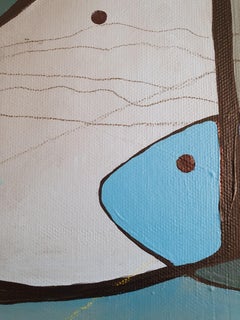 Blue Fish of Cities and Dreams- Red House: Abstract Painting, Large Canvas Art