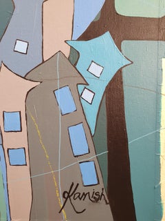 Blue Fish of Cities and Dreams- Red House: Abstract Painting, Large Canvas Art