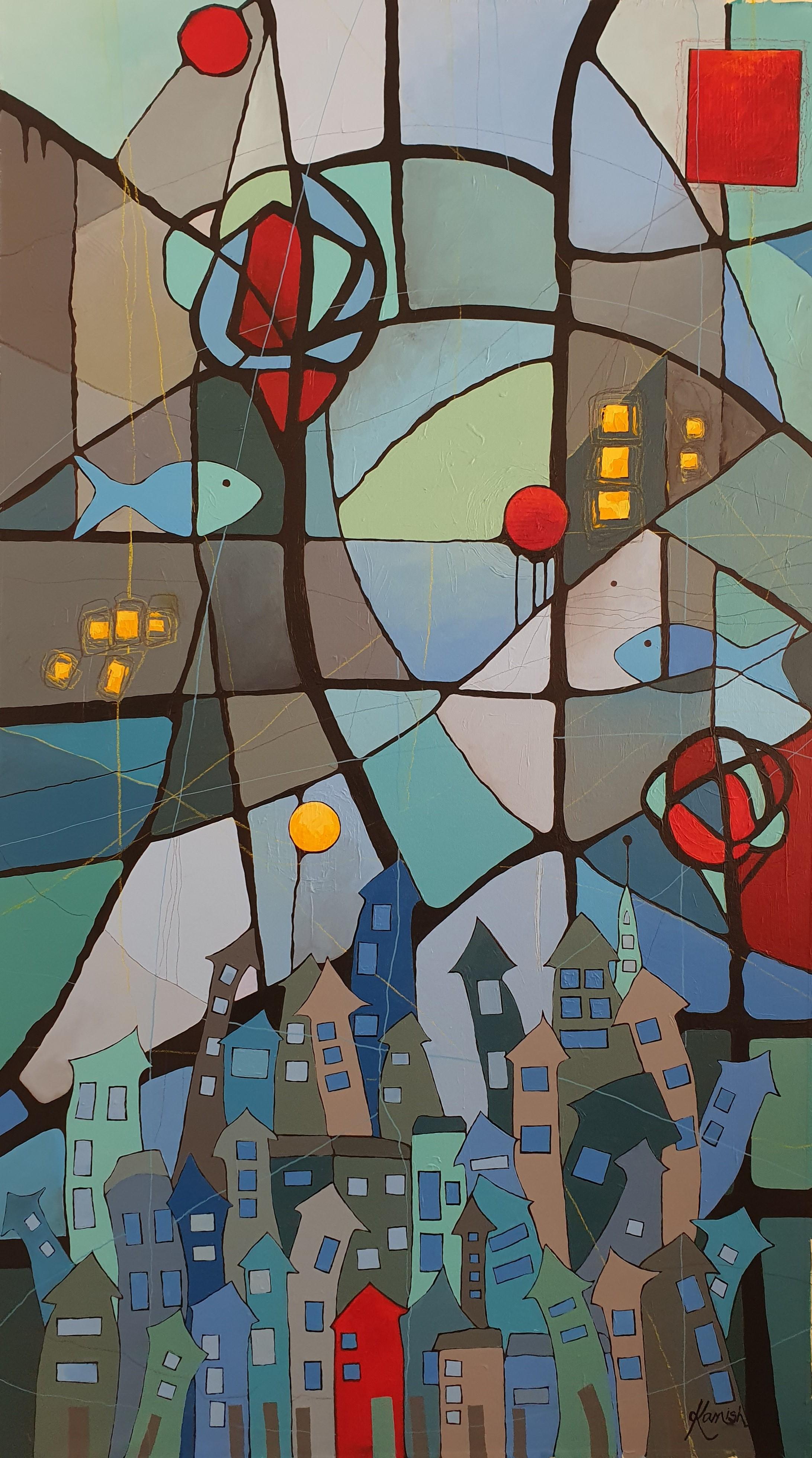 Blue Fish of Cities and Dreams- Red House: Abstract Painting, Large Canvas Art